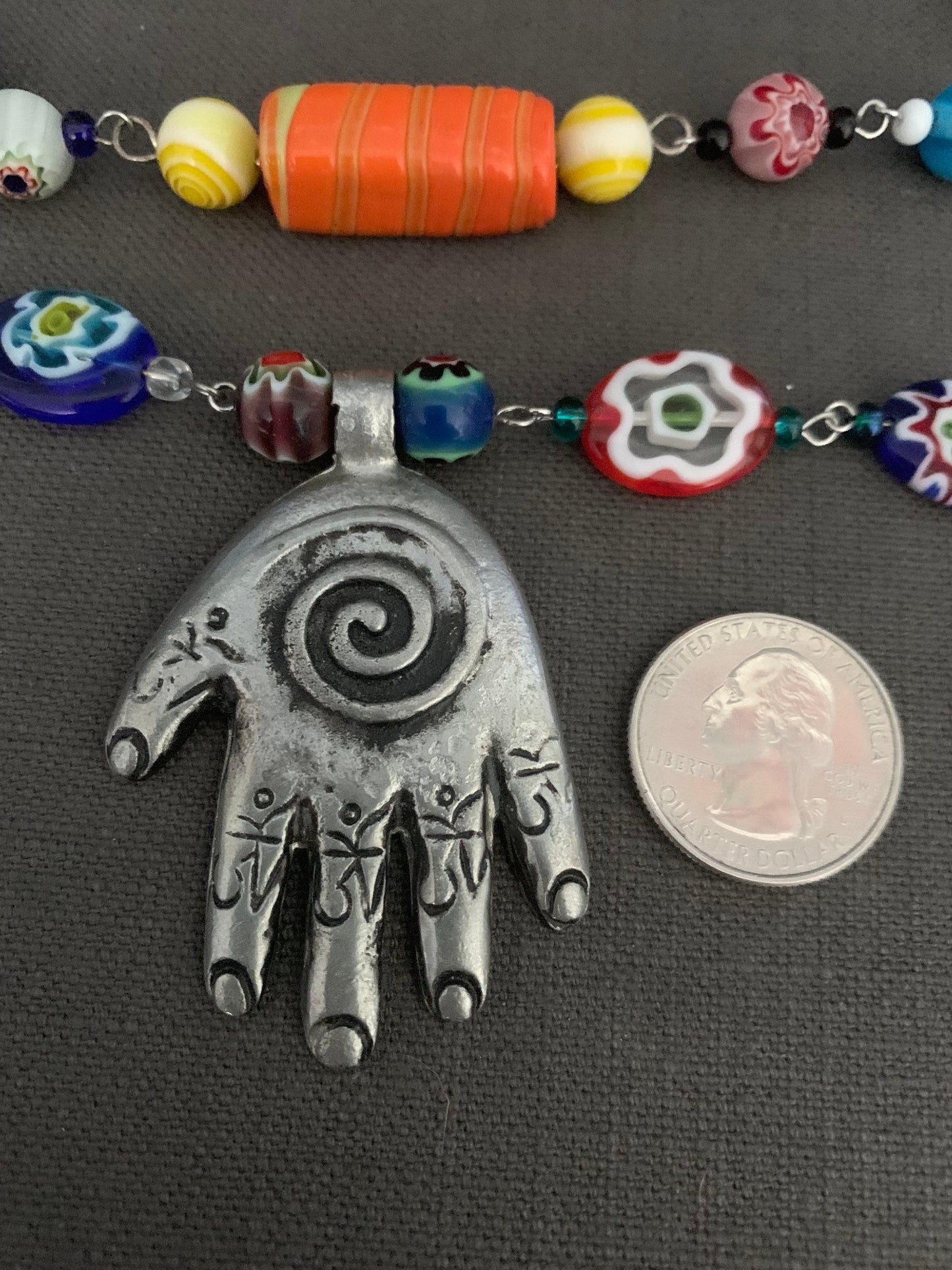 Necklace "Her flowers" pewter Hamsa pendant, Hand of God, Handmade chain, Festival jewelry, Millefiori beads, Lampwork beads, Reiki charged