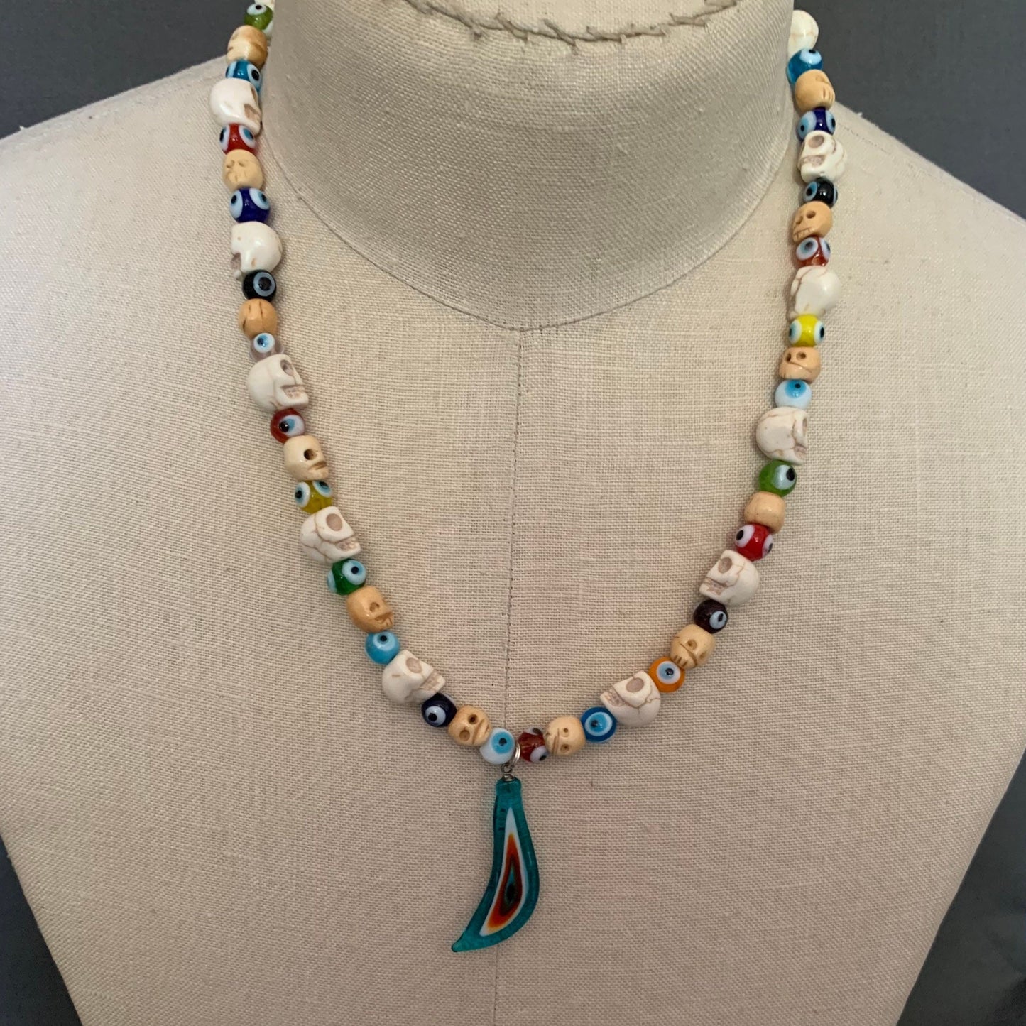 necklace "Seeing Through the Veil" Murano Glass Evil Eye pendant, Skulls, Evil Eye beads, Gift idea, Gender Neutral jewelry, Reiki, Samhain