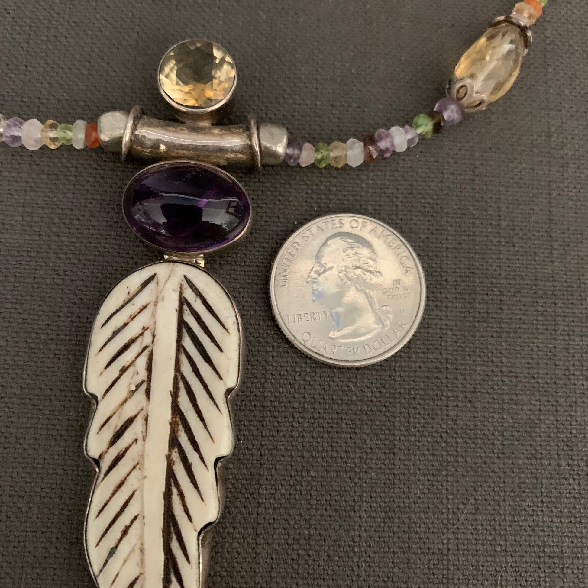 necklace "Fae Feather" carved bone Feather with Amethyst & Citrine pendant, Fairy jewelry, Semi-precious stones, Gift idea, Fae necklace