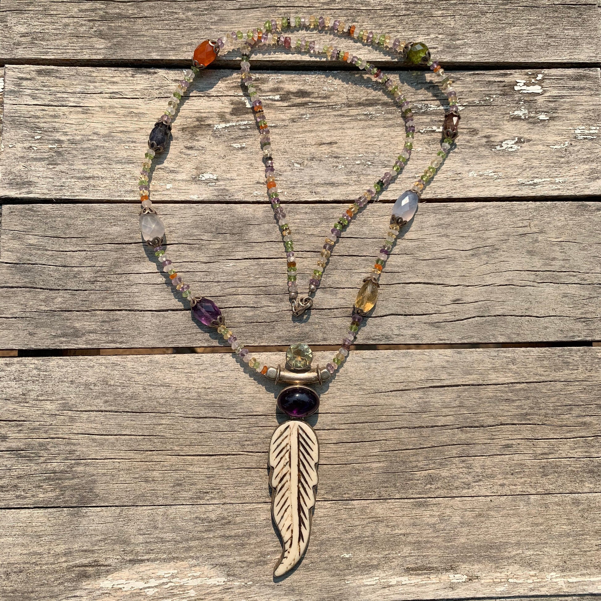 necklace "Fae Feather" carved bone Feather with Amethyst & Citrine pendant, Fairy jewelry, Semi-precious stones, Gift idea, Fae necklace