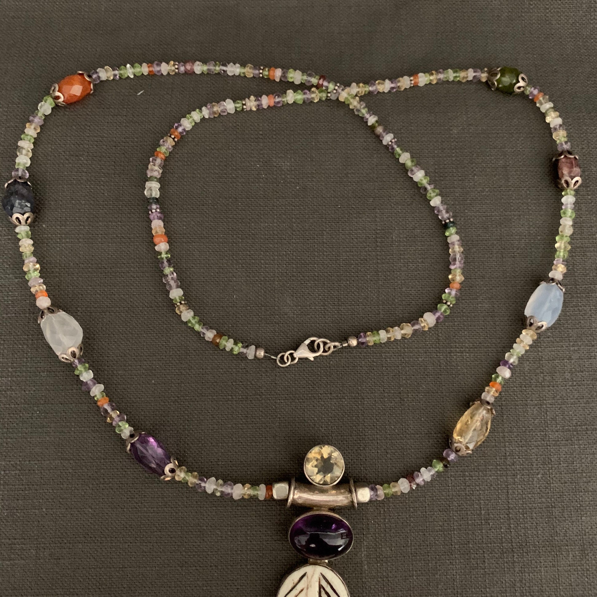 necklace "Fae Feather" carved bone Feather with Amethyst & Citrine pendant, Fairy jewelry, Semi-precious stones, Gift idea, Fae necklace