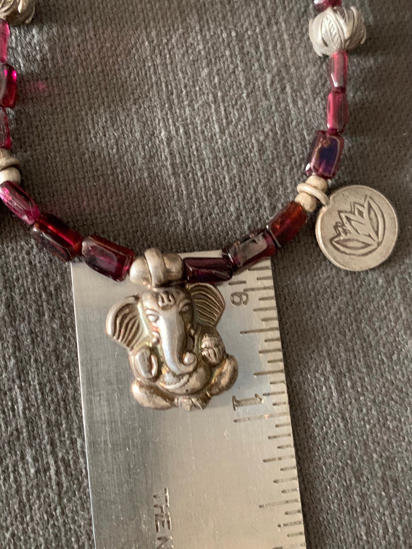 necklace "Remove My Obstacles" sterling GANESHA, Handmade Chiang Mai Lotus beads, Garnet, Hill Tribe Silver charms Lotus, Gift idea, Reiki