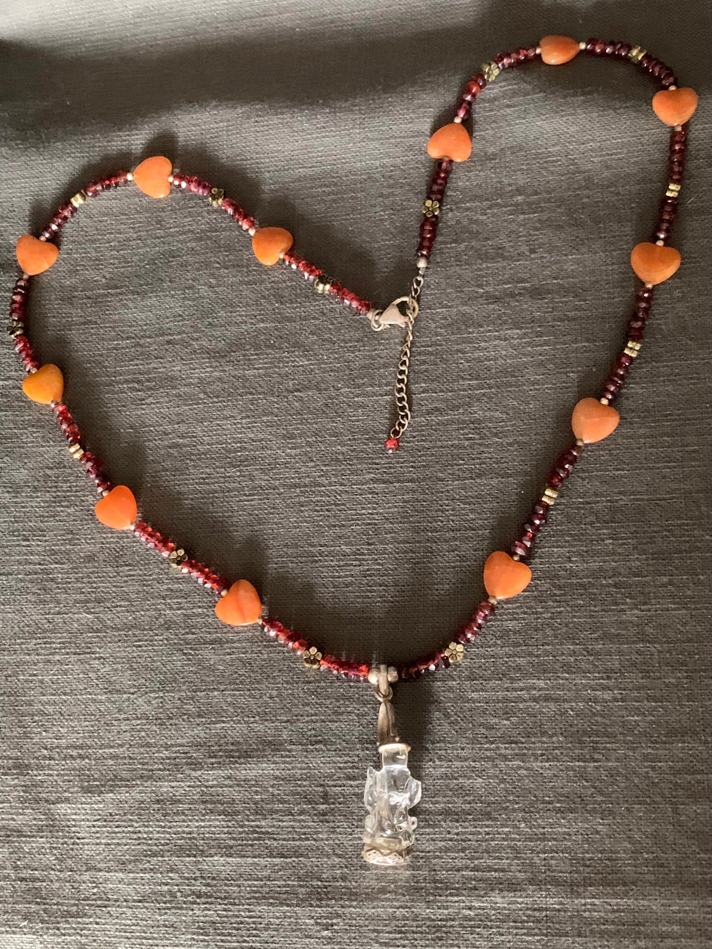 necklace "Overcoming Obstacles with Love" carved Quartz Ganesh pendant, Aventurine hearts, Garnets, Gift idea, Gender Neutral, Reiki charged