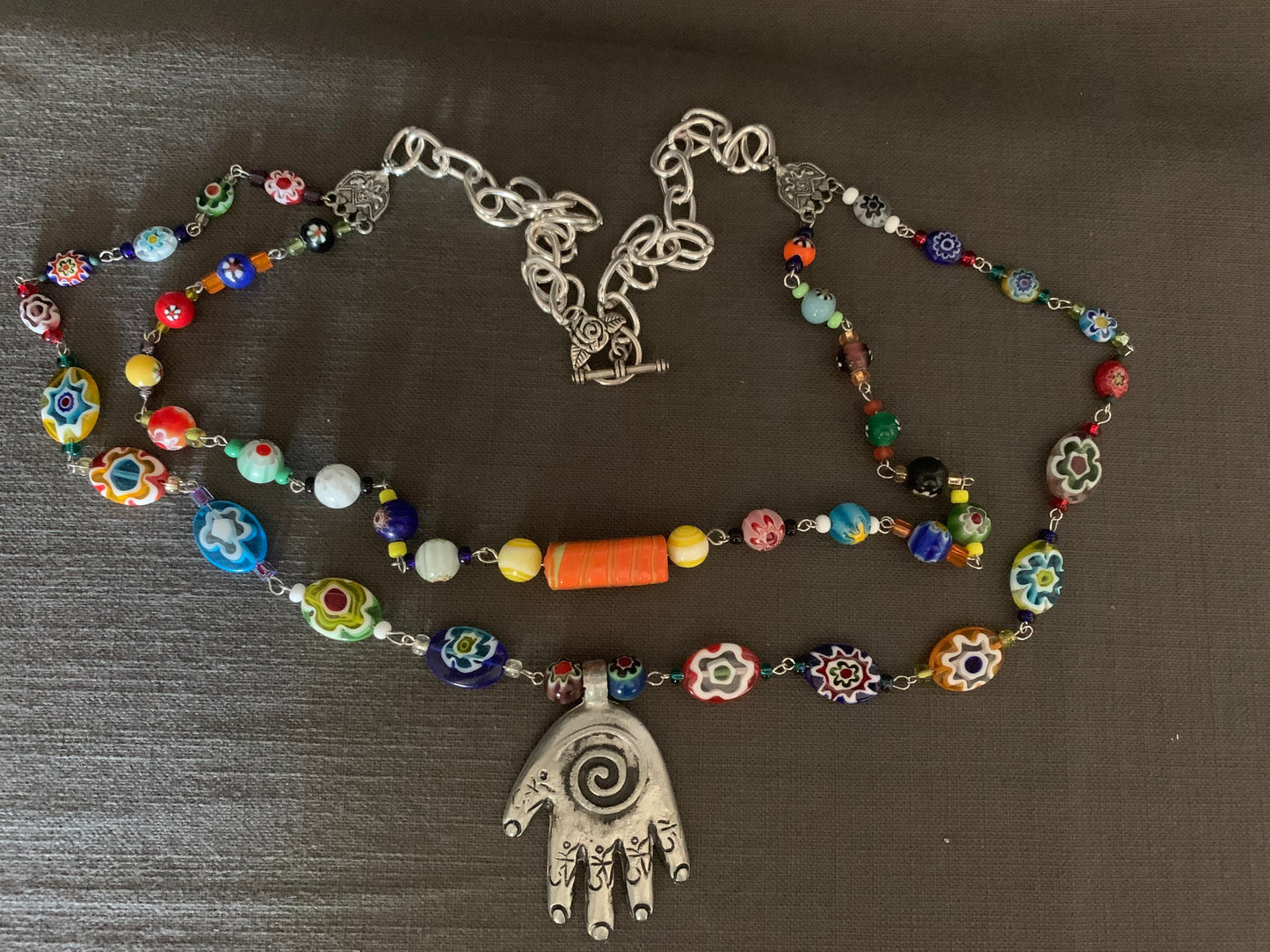 Necklace "Her flowers" pewter Hamsa pendant, Hand of God, Handmade chain, Festival jewelry, Millefiori beads, Lampwork beads, Reiki charged