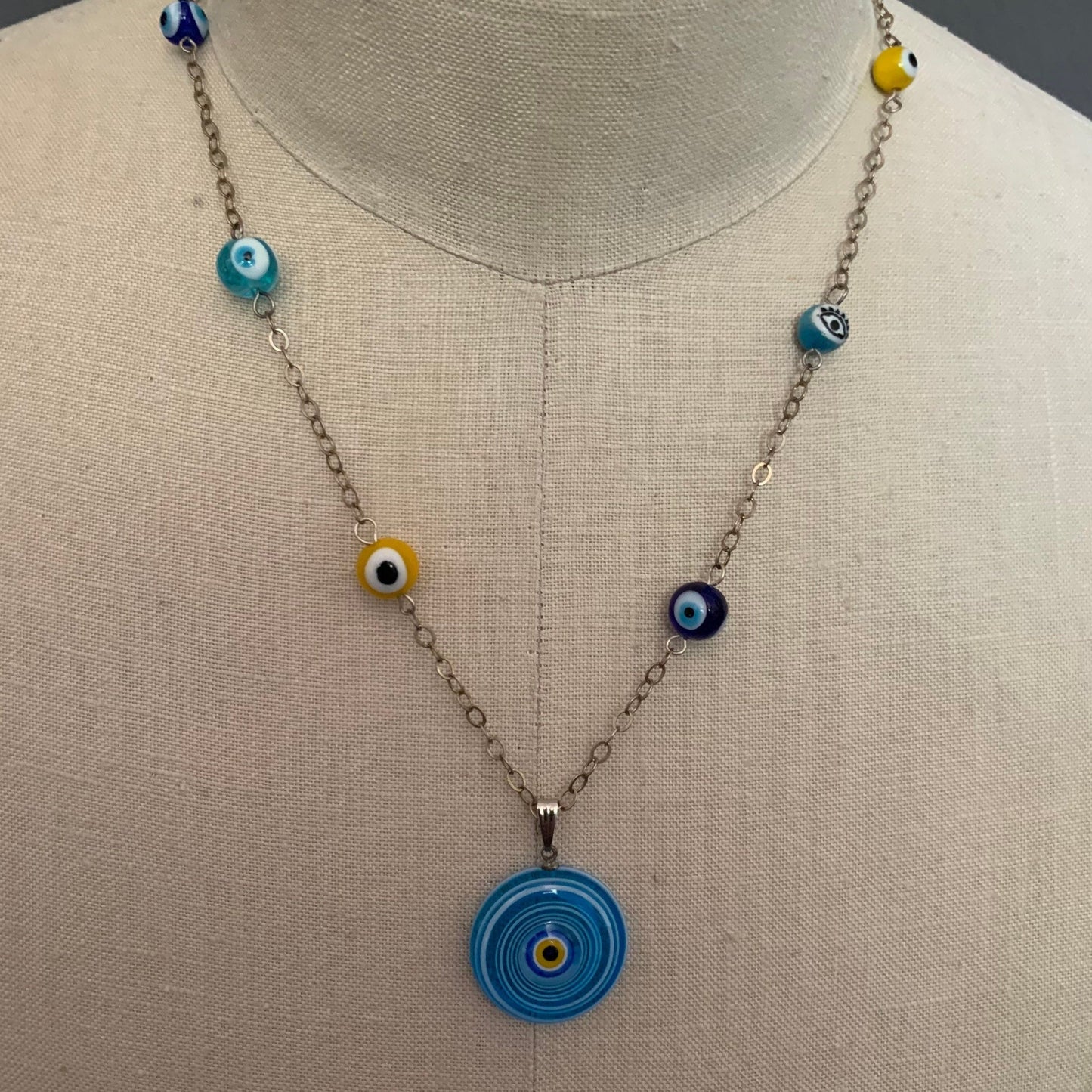 necklace "Seeing Circles" Murano glass Evil Eye pendant, Evil Eye beads, Protection charm, sterling chain, handmade links, Gender Neutral