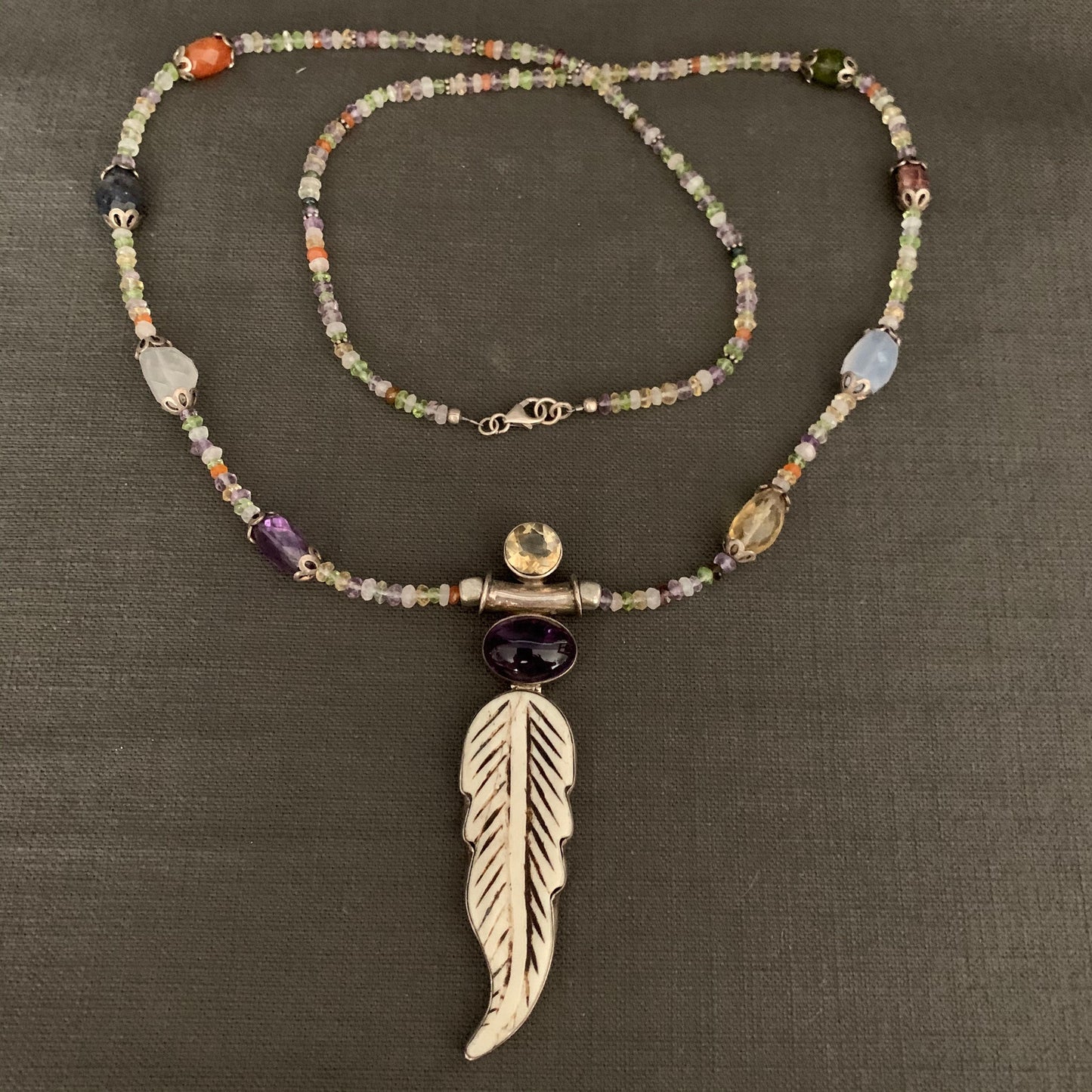necklace "Fae Feather" carved bone Feather with Amethyst & Citrine pendant, Fairy jewelry, Semi-precious stones, Gift idea, Fae necklace