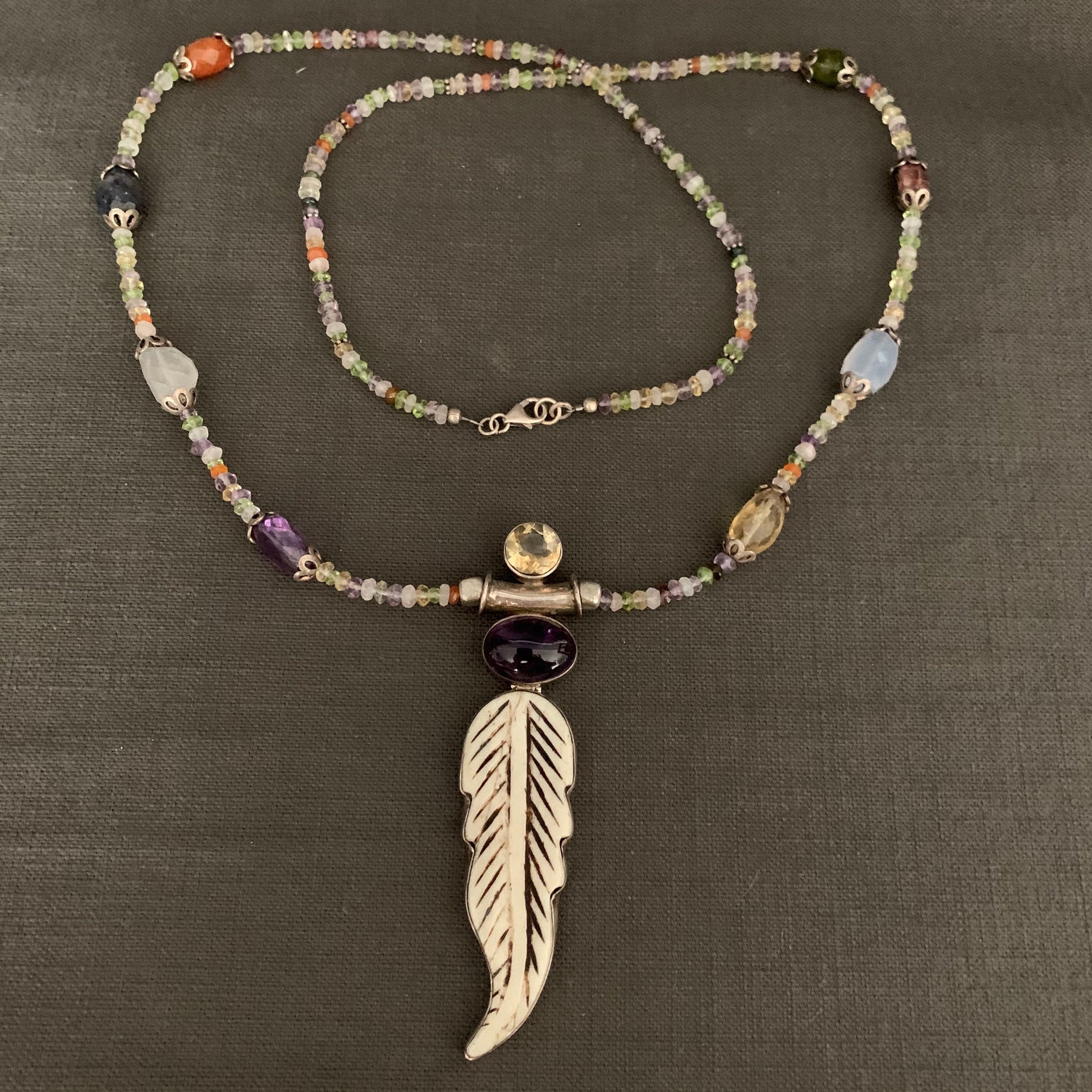 necklace "Fae Feather" carved bone Feather with Amethyst & Citrine pendant, Fairy jewelry, Semi-precious stones, Gift idea, Fae necklace