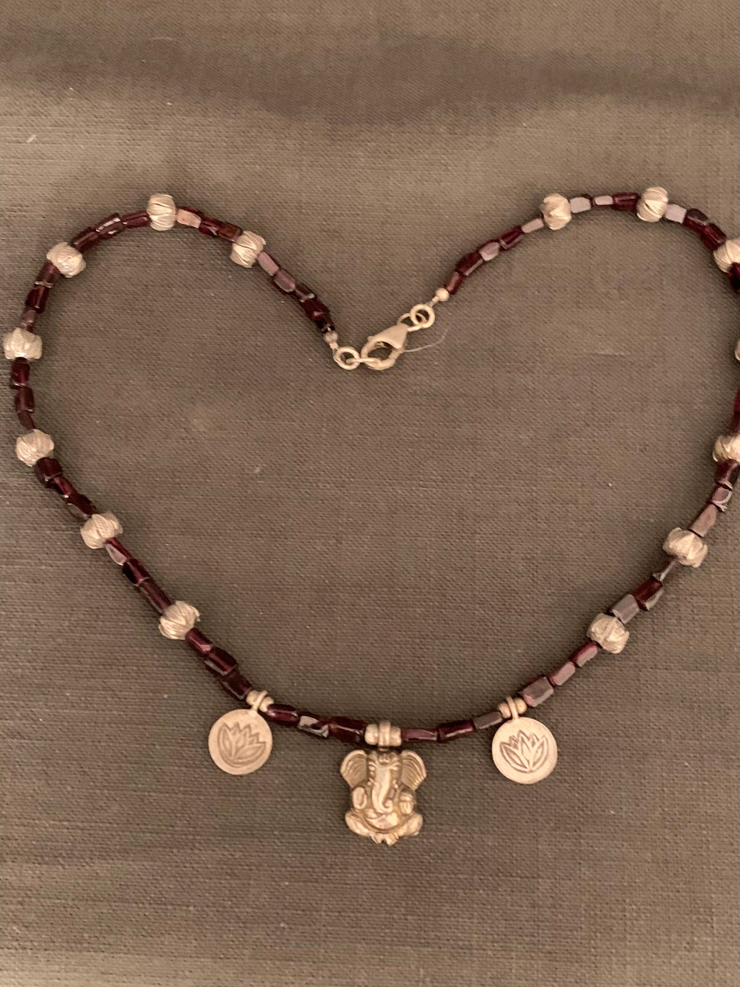 necklace "Remove My Obstacles" sterling GANESHA, Handmade Chiang Mai Lotus beads, Garnet, Hill Tribe Silver charms Lotus, Gift idea, Reiki