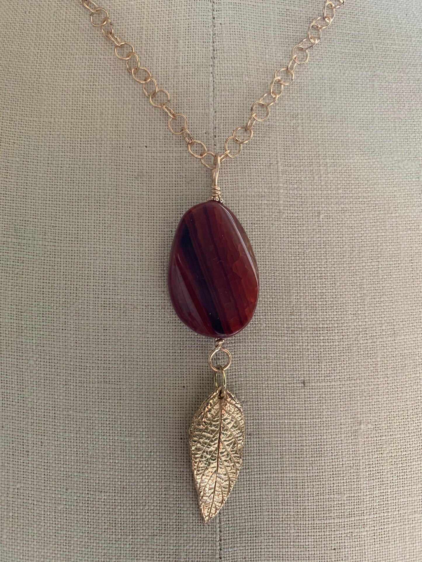 Pendant “Ancient Autumn” Bronze leaf, Red Agate, Fall pendant, Bronze jewelry, Gender Neutral, Reiki charged, Stacking jewelry, Fall line