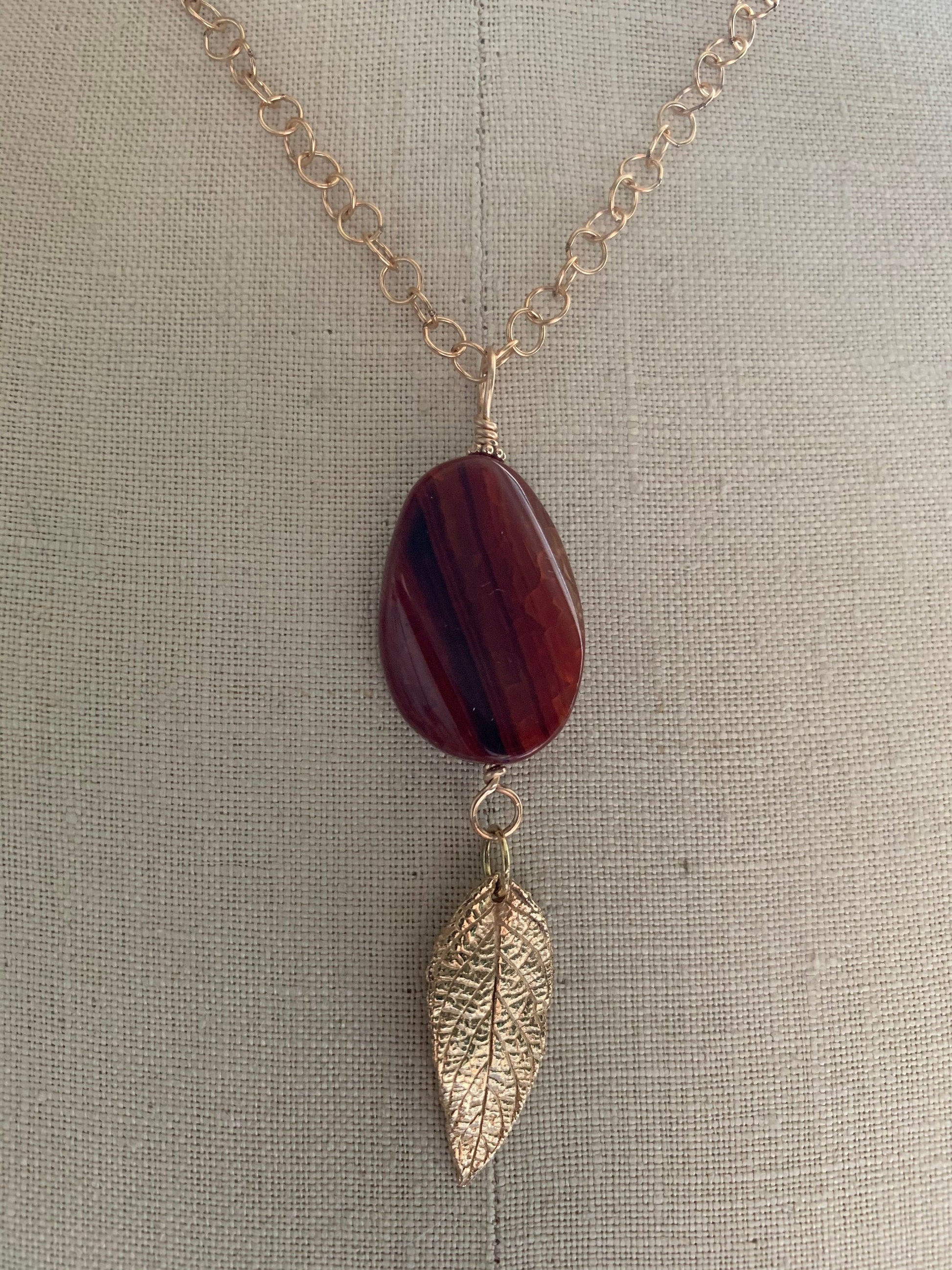 Pendant “Ancient Autumn” Bronze leaf, Red Agate, Fall pendant, Bronze jewelry, Gender Neutral, Reiki charged, Stacking jewelry, Fall line