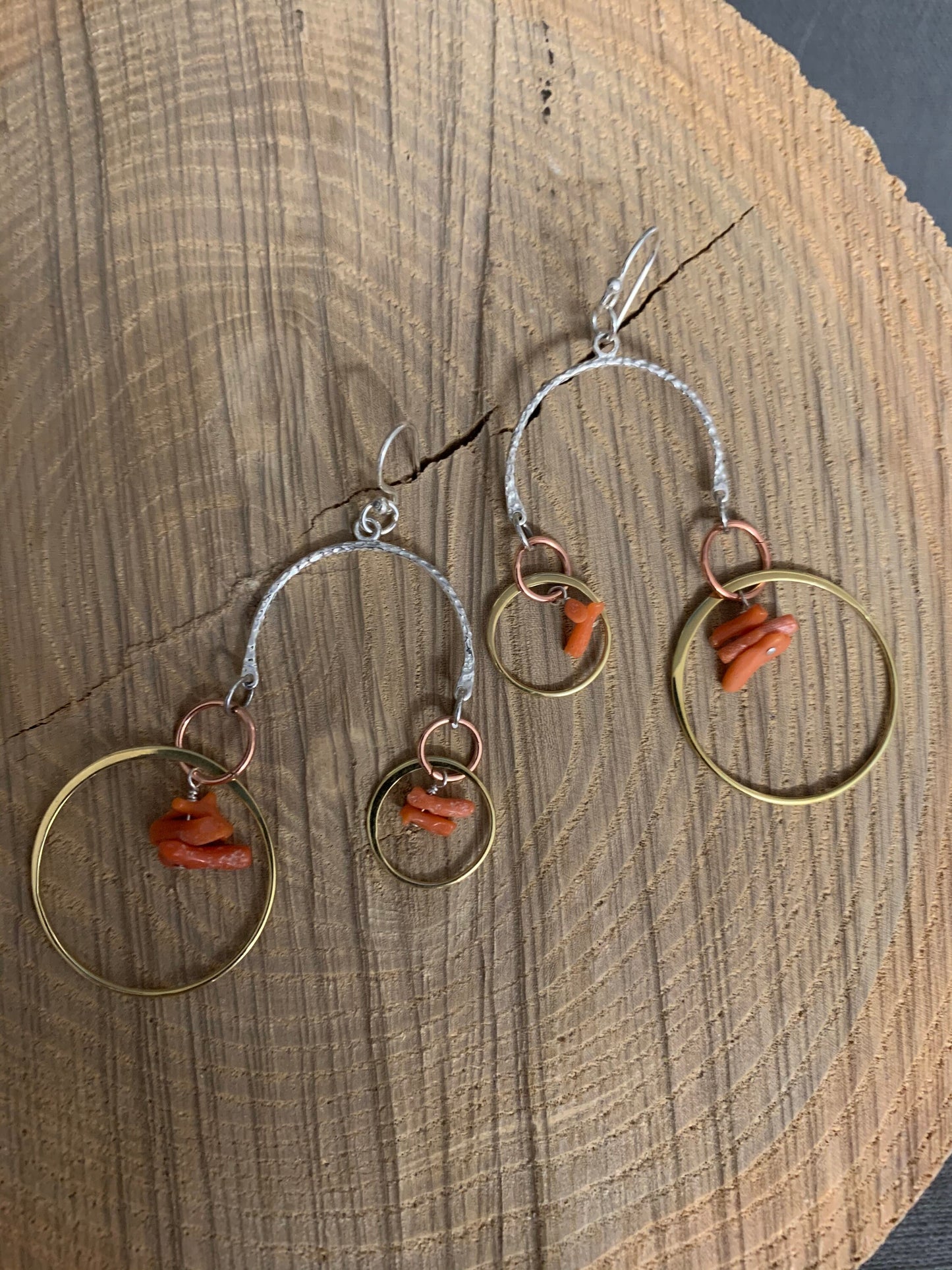 Earrings “Hoops in Balance” Vintage Branch Coral, Sterling charm, Bronze links, Copper rings, Statement Earrings, Sacred Geometry, Reiki