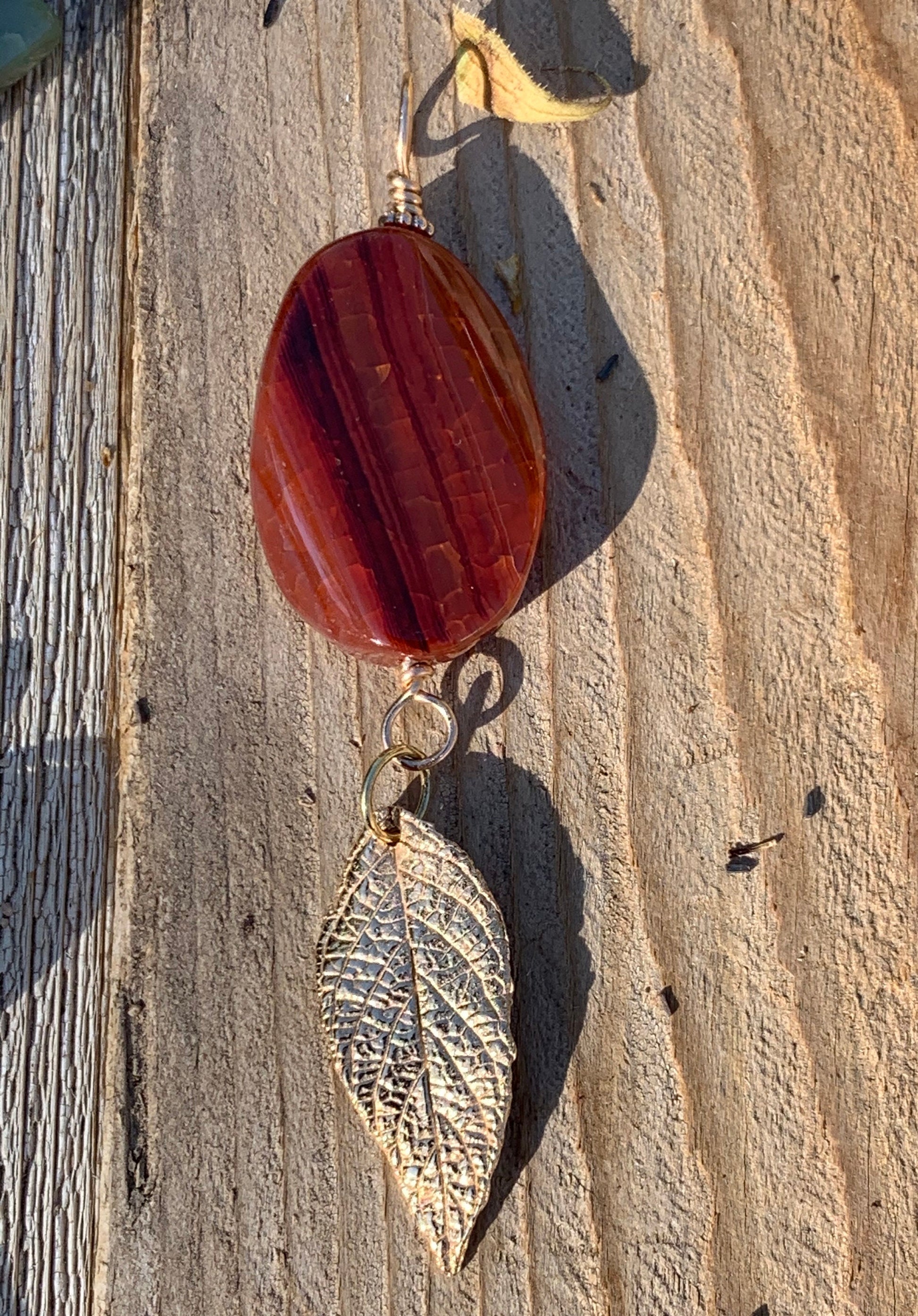 Pendant “Ancient Autumn” Bronze leaf, Red Agate, Fall pendant, Bronze jewelry, Gender Neutral, Reiki charged, Stacking jewelry, Fall line