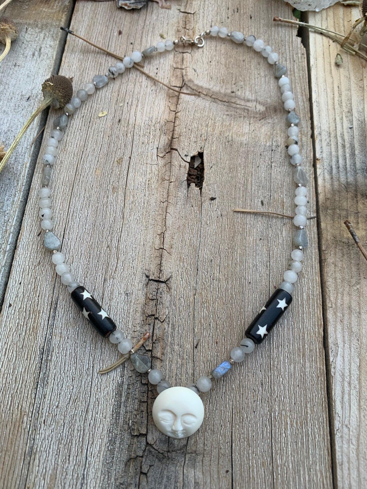 necklace "Sleeping Sister" Carved Bone Moon focal, Quartz, Labradorite, Batiked bone beads, Moon Jewelry, Gender neutral, Reiki charged