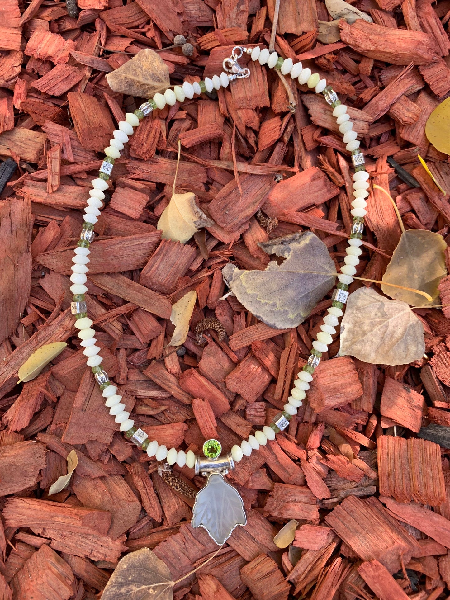 necklace "Almost Spring" Carved Jade Leaf & Peridot pendant, White jade, Hill Tribe Silver beads, Peridot, Ostara jewelry, Reiki charged