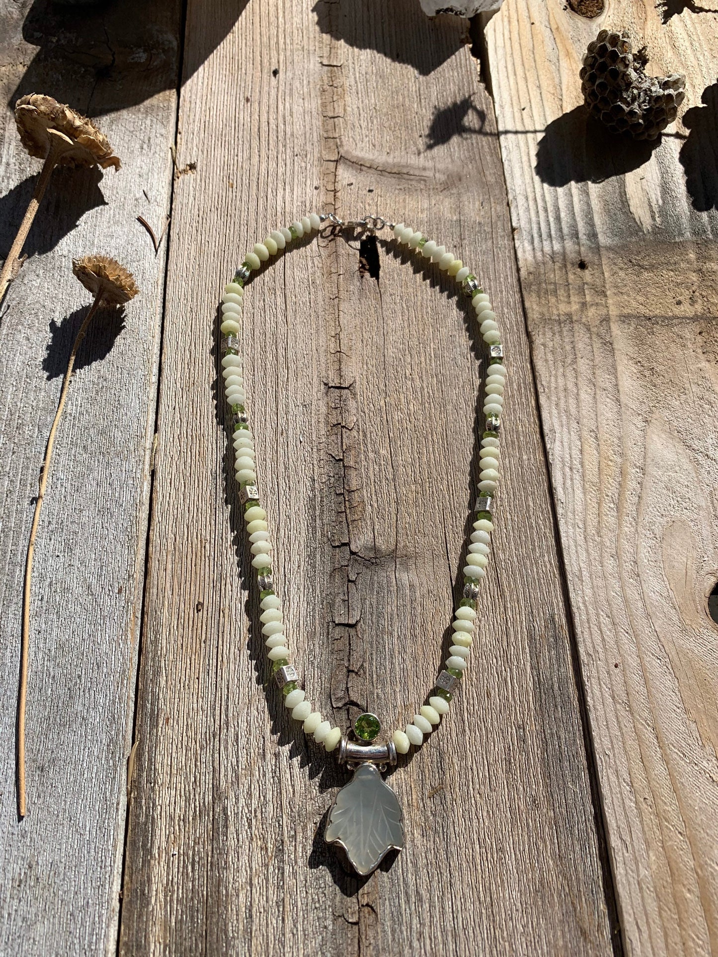 necklace "Almost Spring" Carved Jade Leaf & Peridot pendant, White jade, Hill Tribe Silver beads, Peridot, Ostara jewelry, Reiki charged