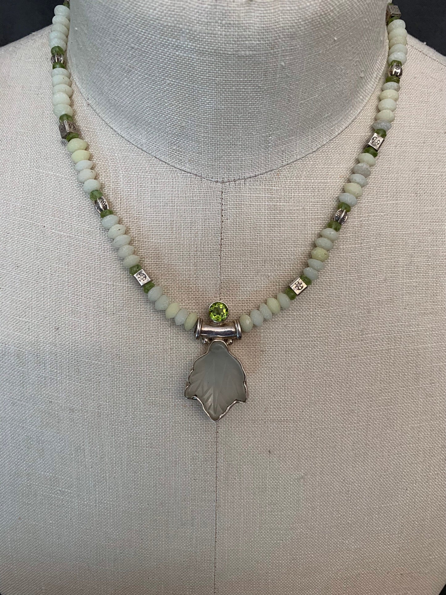 necklace "Almost Spring" Carved Jade Leaf & Peridot pendant, White jade, Hill Tribe Silver beads, Peridot, Ostara jewelry, Reiki charged