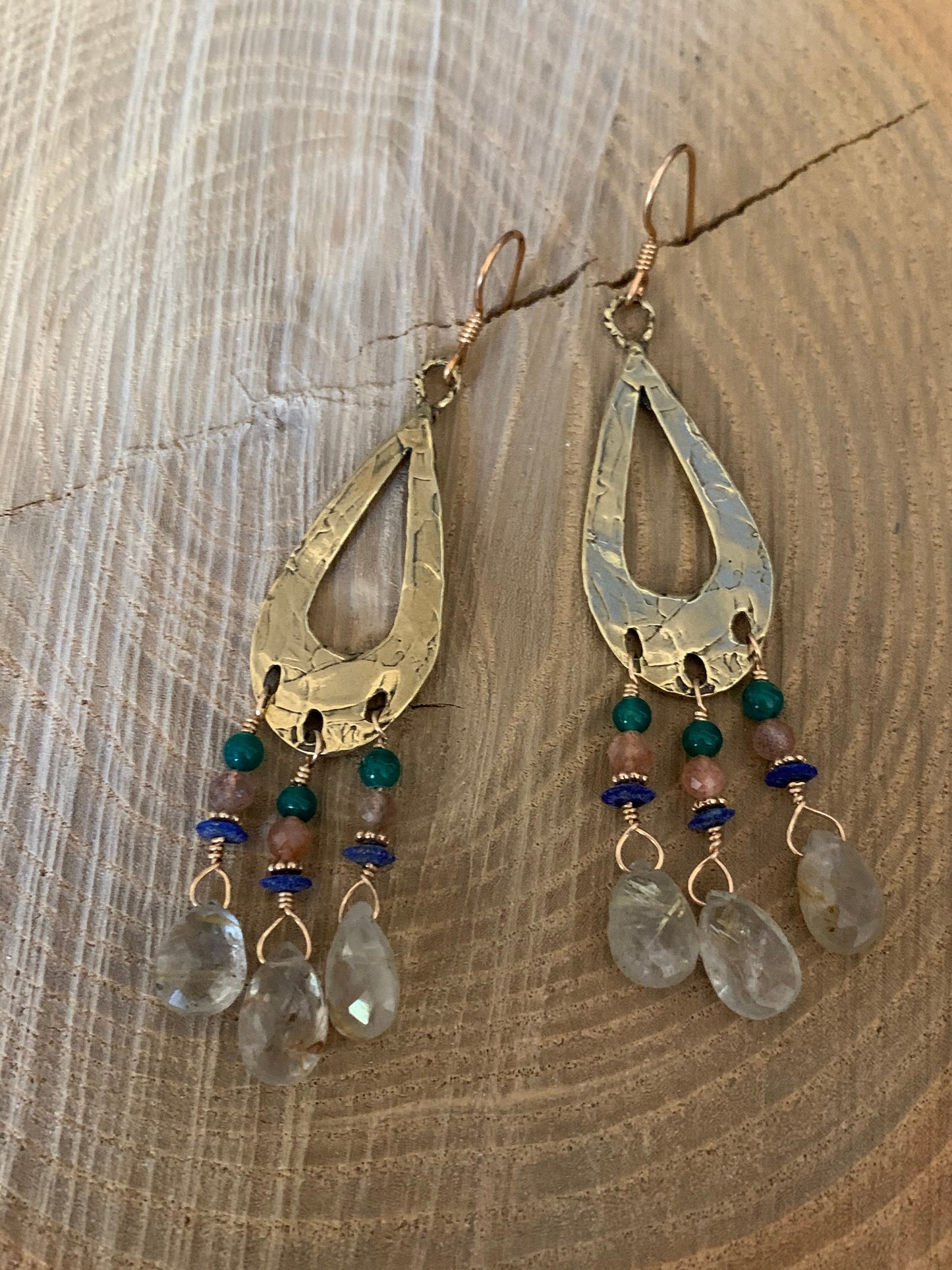 Earrings “Ancient Tear Drops” Bronze Teardrop charms, Rutilated quartz, Lapis, Sunstone, Green Agate, Chandelier earrings, Gift idea, Reiki