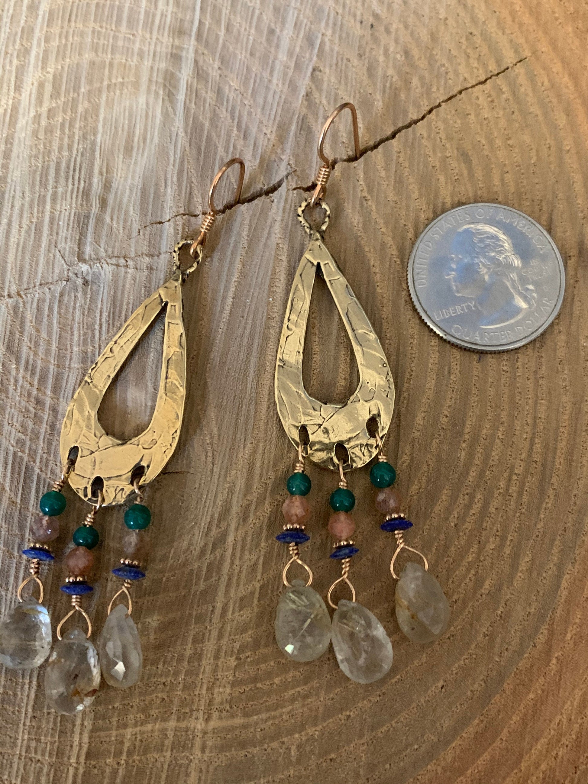 Earrings “Ancient Tear Drops” Bronze Teardrop charms, Rutilated quartz, Lapis, Sunstone, Green Agate, Chandelier earrings, Gift idea, Reiki