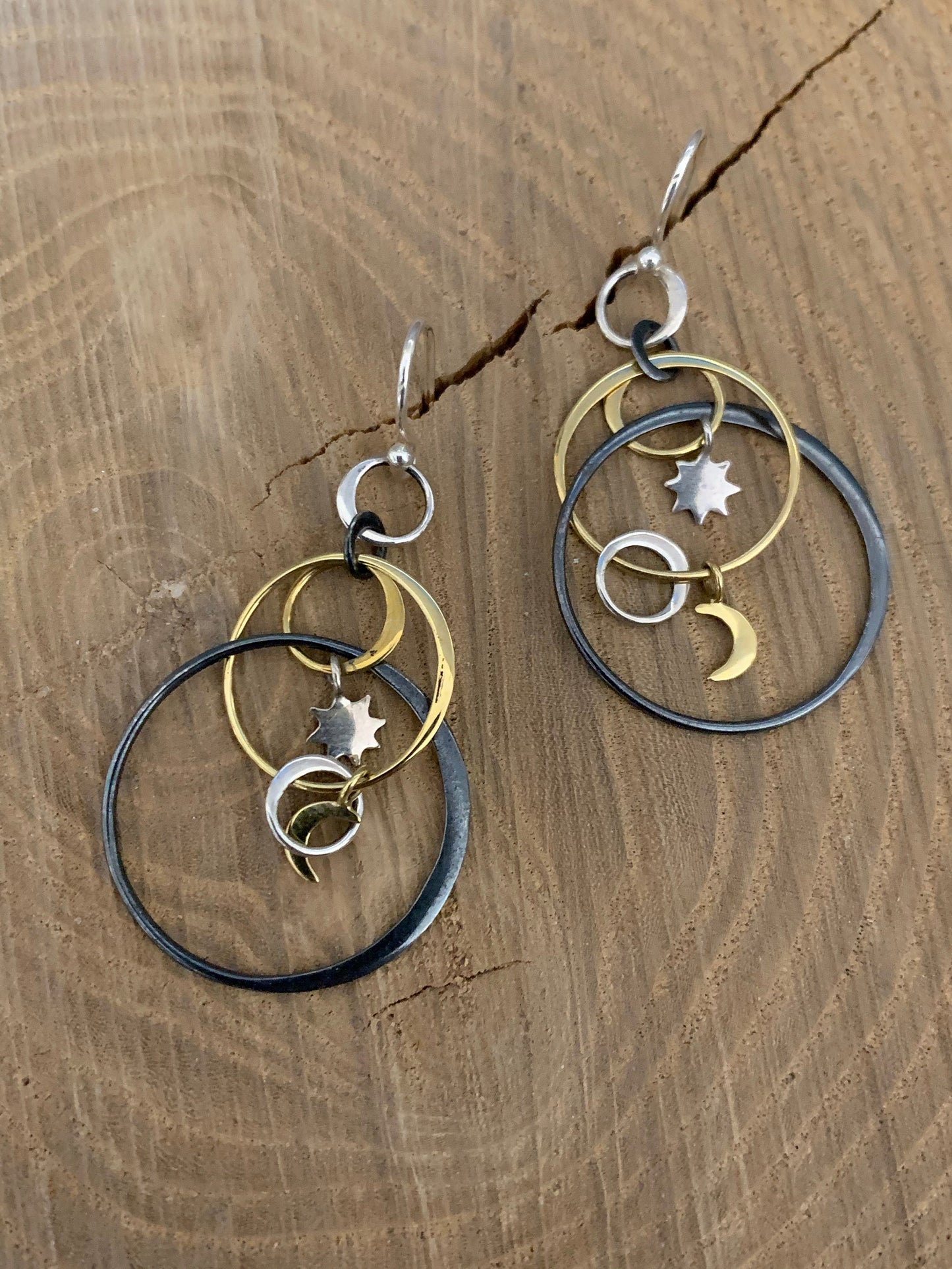 Hoop Earrings “Inter-dimensional Hoops” Sterling and bronze links, Bronze Moons, Sterling Suns, Gift idea, Zoom earrings