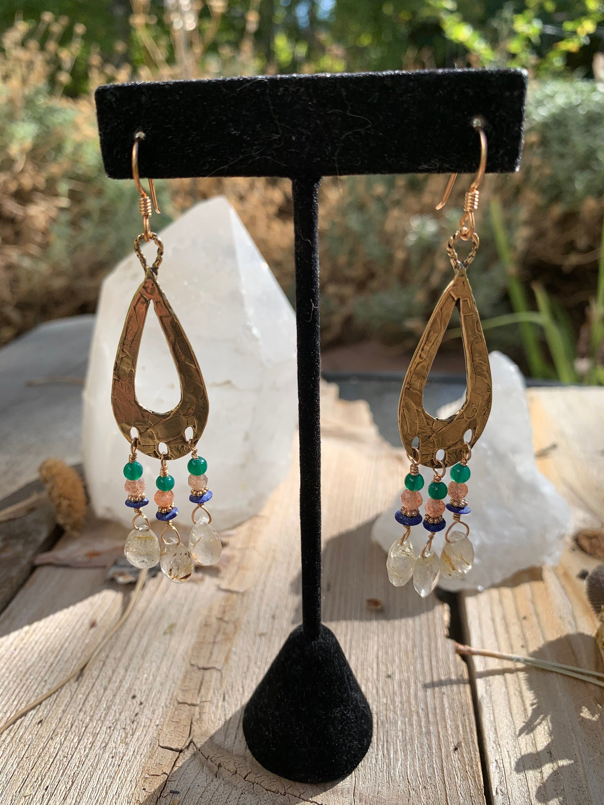Earrings “Ancient Tear Drops” Bronze Teardrop charms, Rutilated quartz, Lapis, Sunstone, Green Agate, Chandelier earrings, Gift idea, Reiki