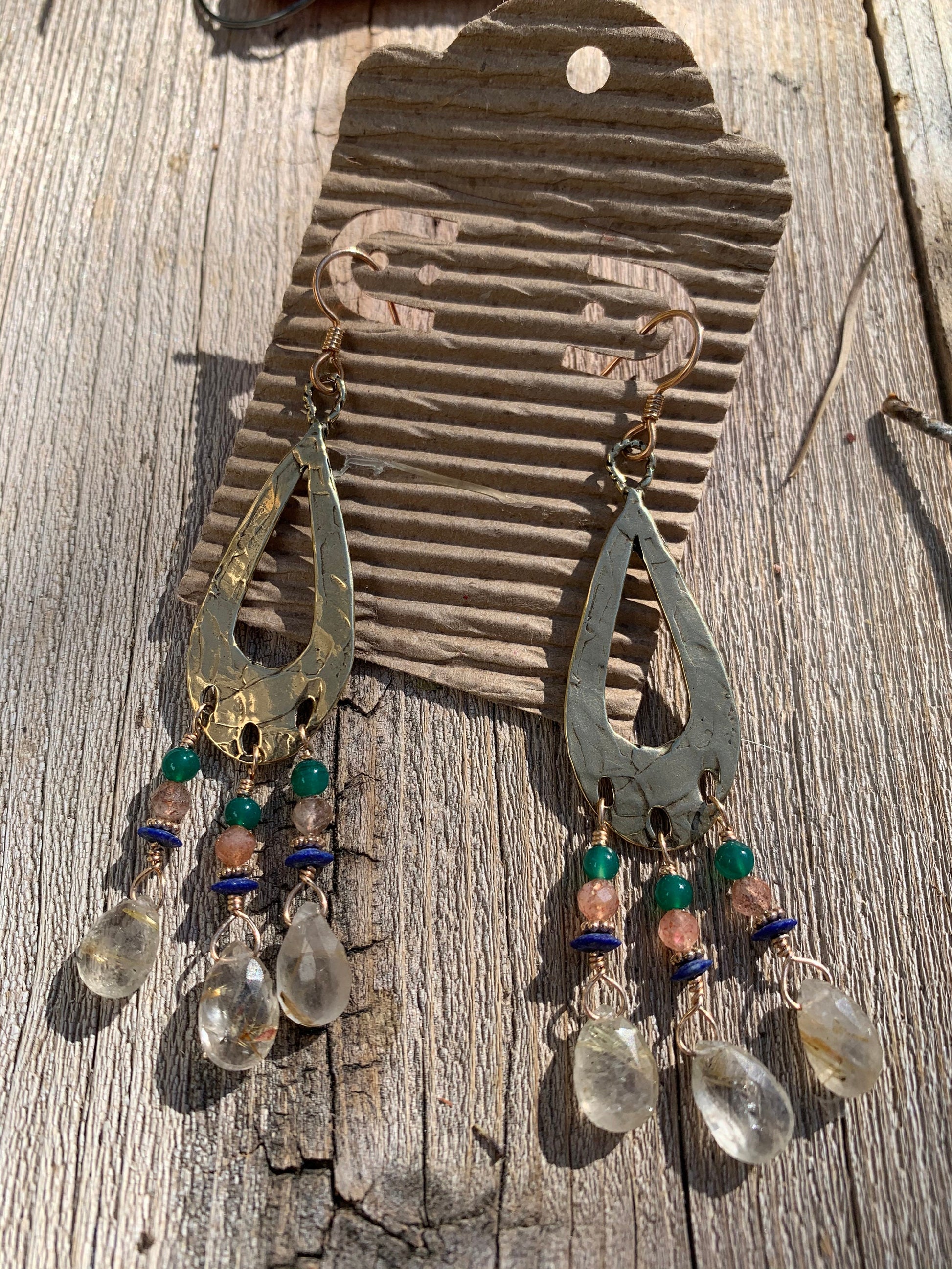 Earrings “Ancient Tear Drops” Bronze Teardrop charms, Rutilated quartz, Lapis, Sunstone, Green Agate, Chandelier earrings, Gift idea, Reiki