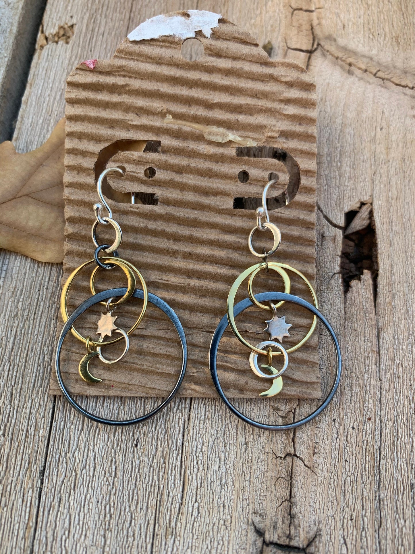 Hoop Earrings “Inter-dimensional Hoops” Sterling and bronze links, Bronze Moons, Sterling Suns, Gift idea, Zoom earrings