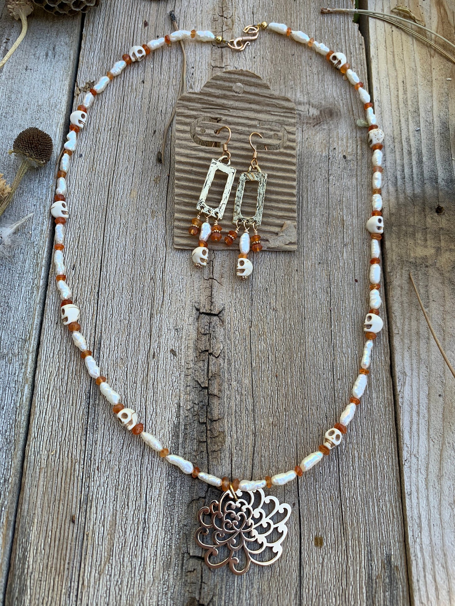 Necklace “Mums the Word” Bronze Chrysanthemum pendant, Skulls, Freshwater Pearls, Carnelian, Dia De Los Muertos, Halloween jewelry, Reiki