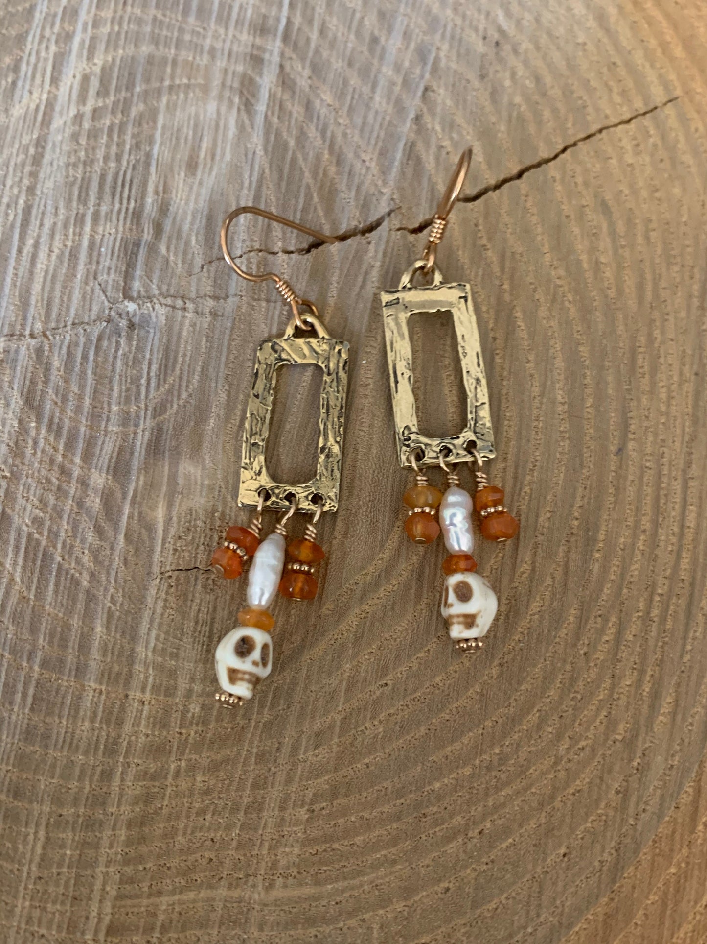 Earrings “Ancestral Drops” Bronze Charms, Skulls, Freshwater Pearls, Carnelian, Halloween jewelry, Day of the Dead, Skull chandeliers,