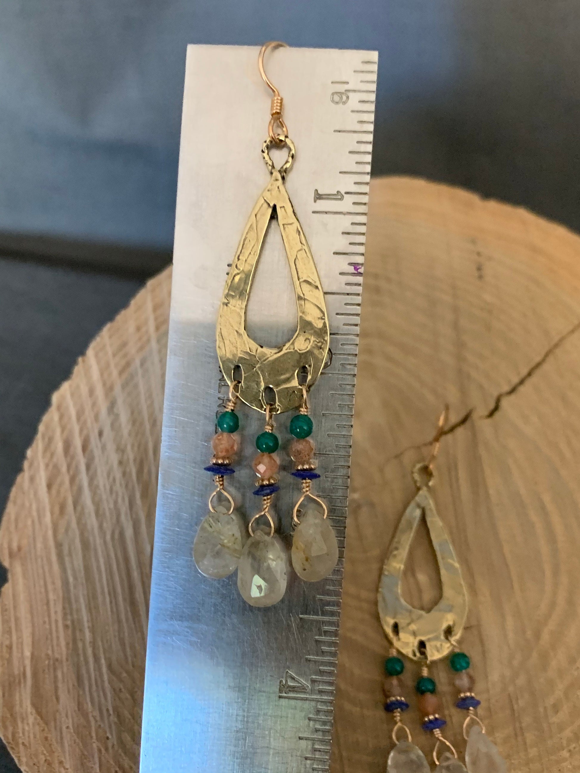 Earrings “Ancient Tear Drops” Bronze Teardrop charms, Rutilated quartz, Lapis, Sunstone, Green Agate, Chandelier earrings, Gift idea, Reiki
