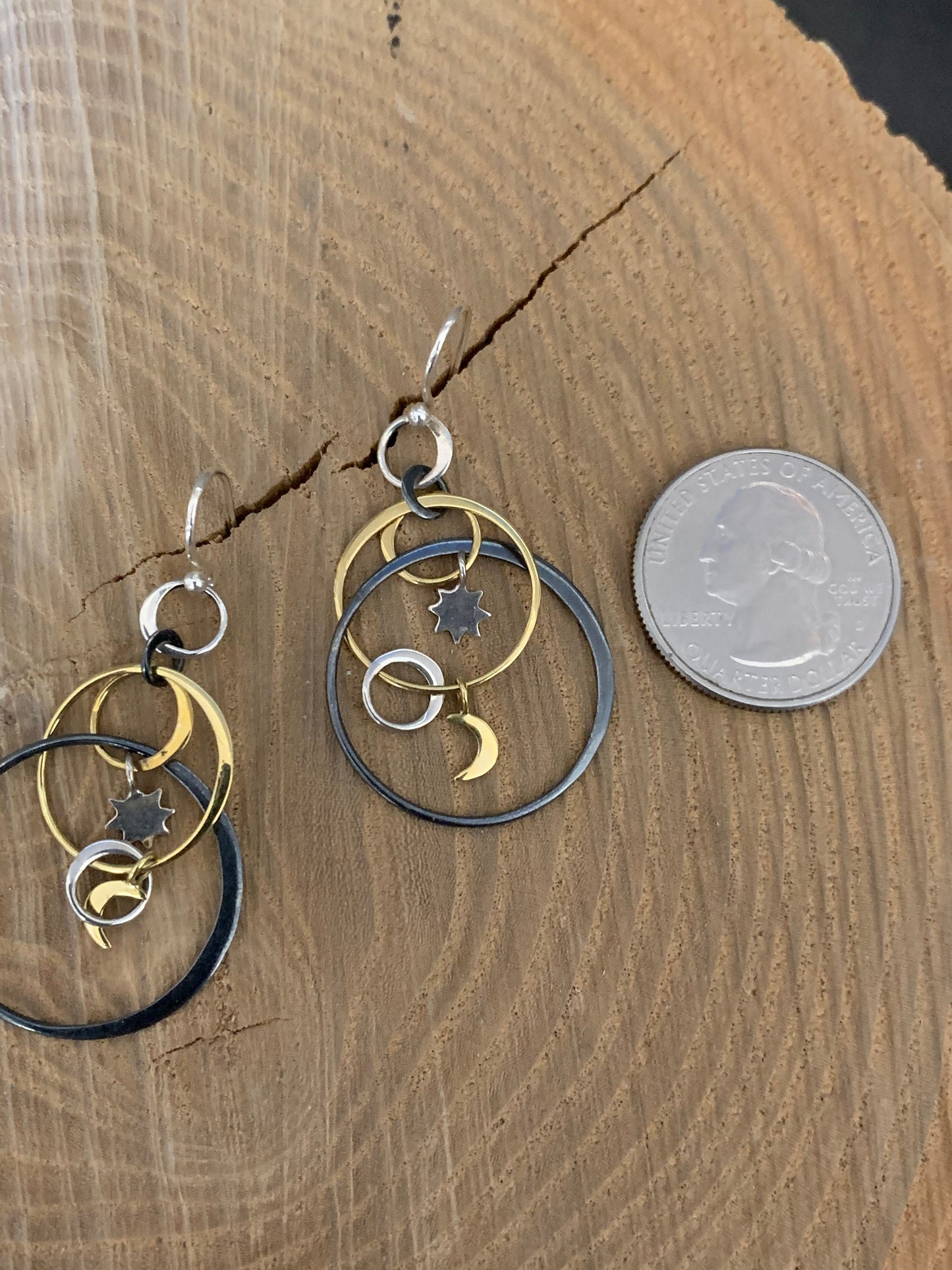 Hoop Earrings “Inter-dimensional Hoops” Sterling and bronze links, Bronze Moons, Sterling Suns, Gift idea, Zoom earrings