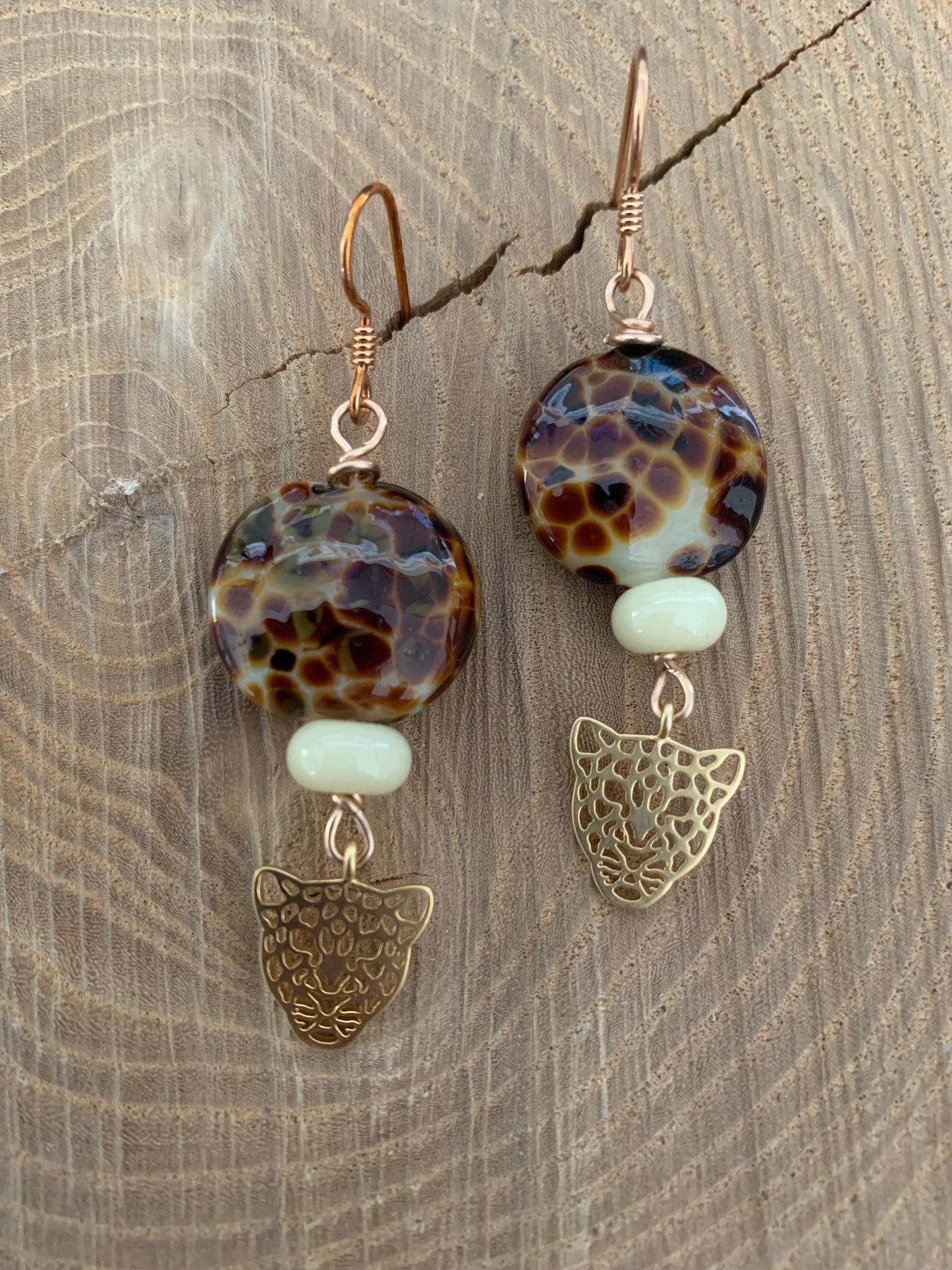 Earrings “Leopard Glass” Gold plated Leopard Charms, Lampwork Glass "Leopard" Beads, Gift Idea, Zoom Earrings, Animal Guide, Reiki Charged