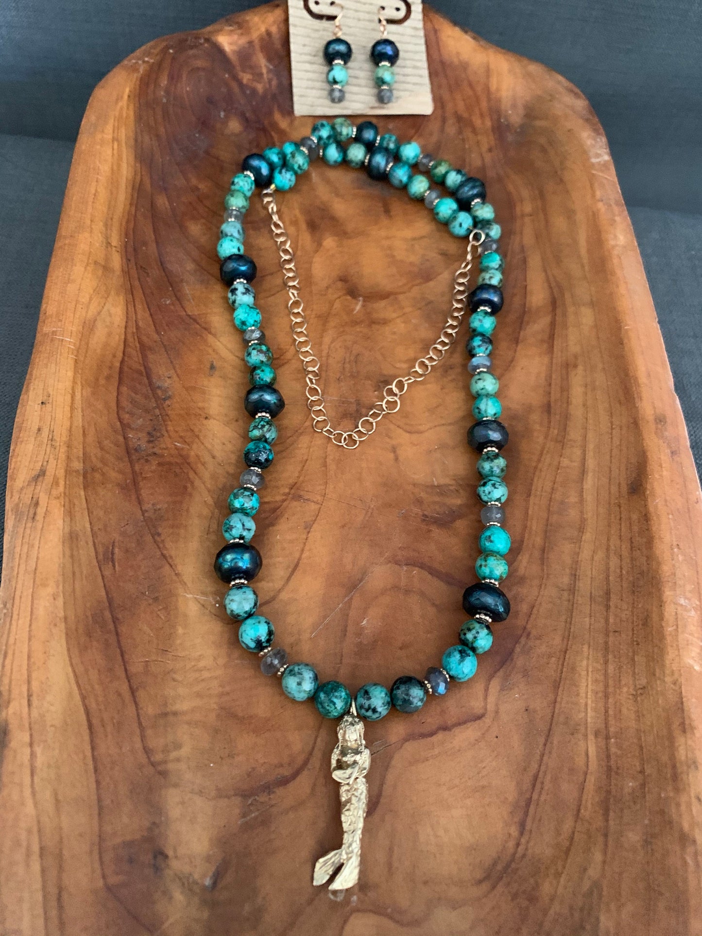 Necklace Earring set “Sweet Siren” Bronze Mermaid pendant, African Turquoise, Teal Pearls, Drop Earrings, Gift Idea, Mermaid jewelry, Reiki