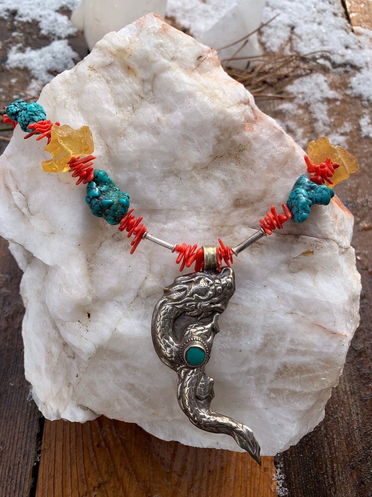 necklace "Primarily a Dragon" Dragon from Nepal, Turquoise, Amber, Statement piece, Gift idea, Coral, Reiki charged