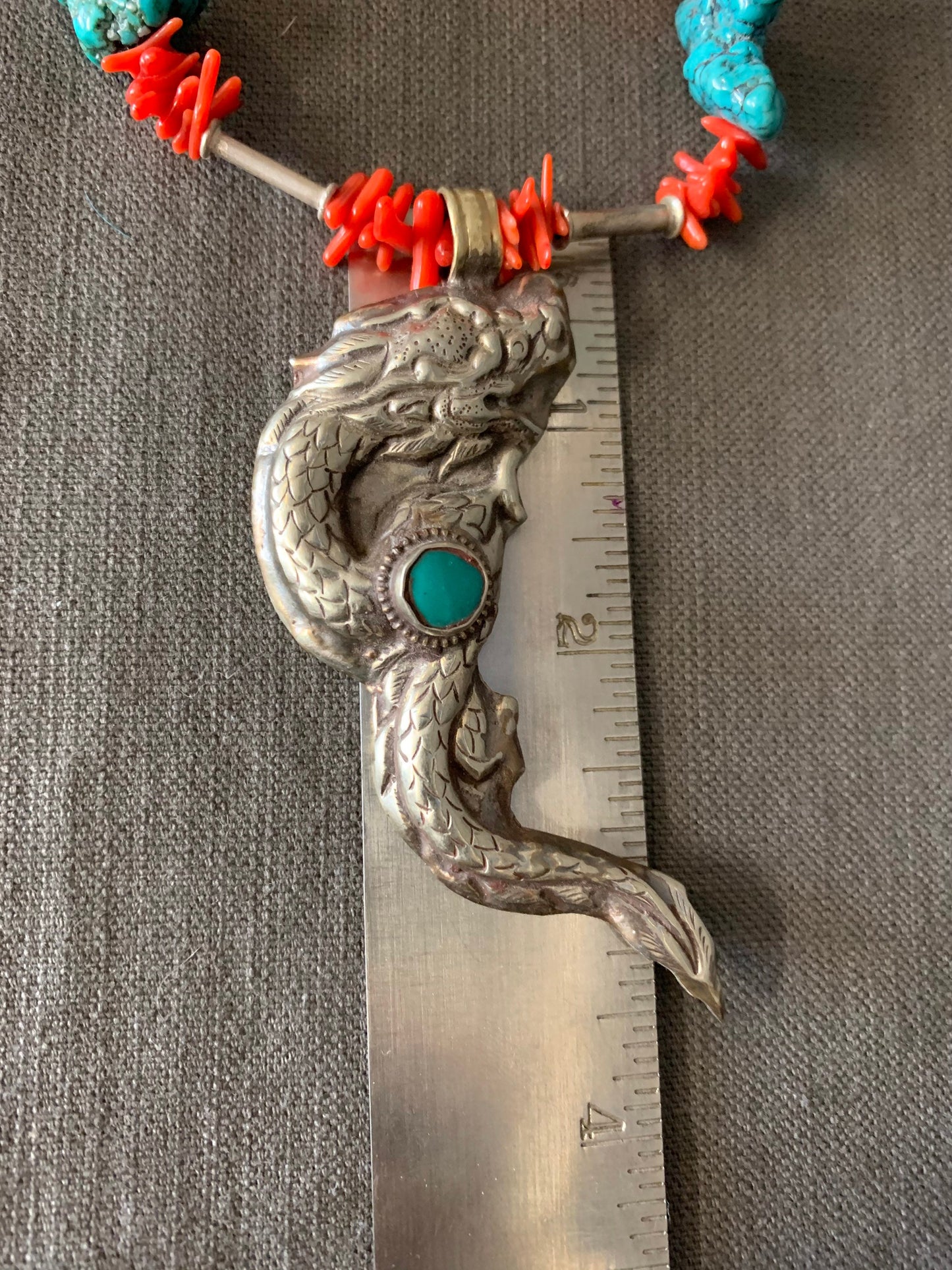 necklace "Primarily a Dragon" Dragon from Nepal, Turquoise, Amber, Statement piece, Gift idea, Coral, Reiki charged