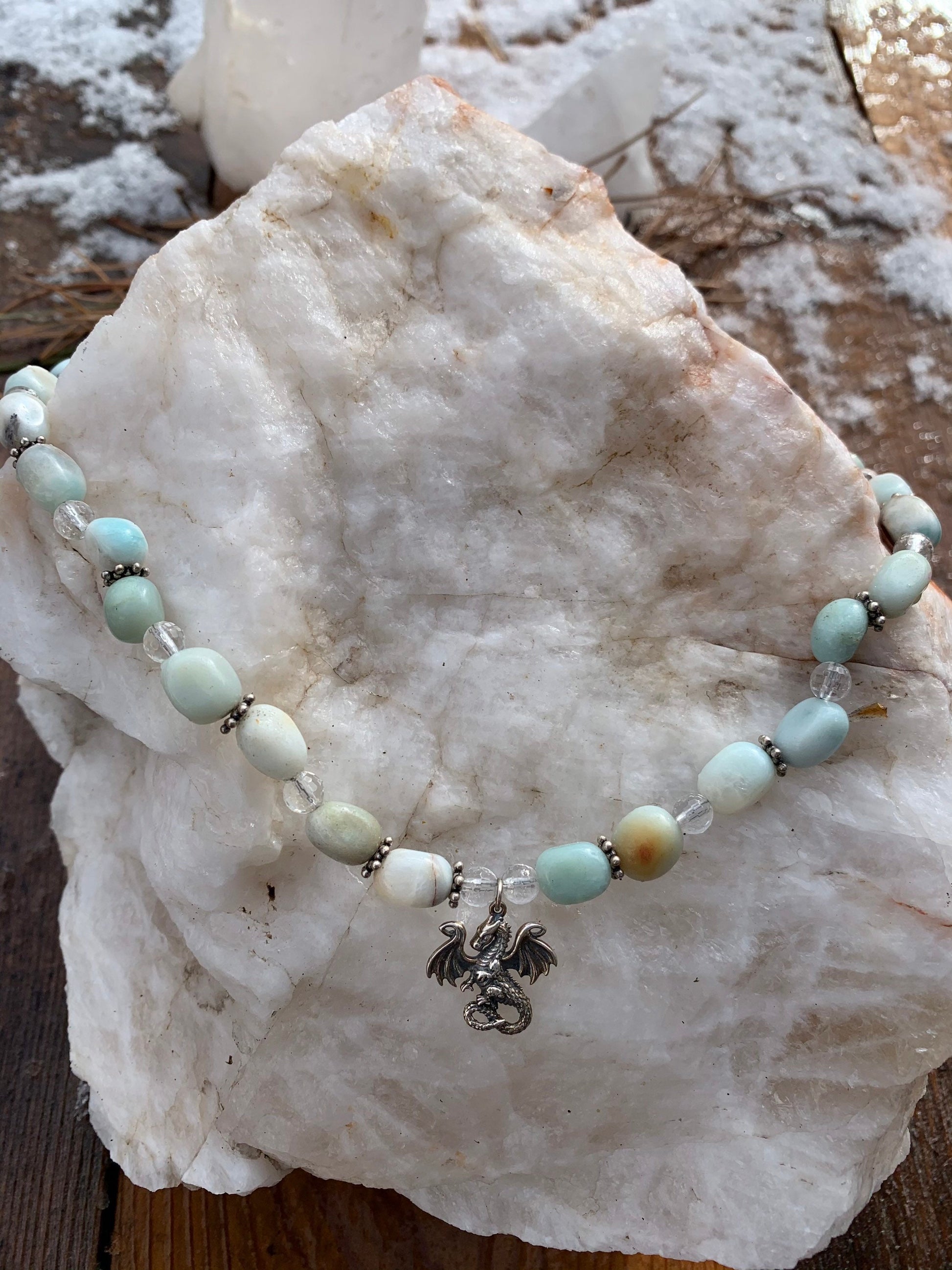 necklace "Frost Dragon" Sterling Dragon pendant, Amazonite, Quartz, Snowflakes, Gift idea, Gender Neutral, Reiki charged, Dragon jewelry