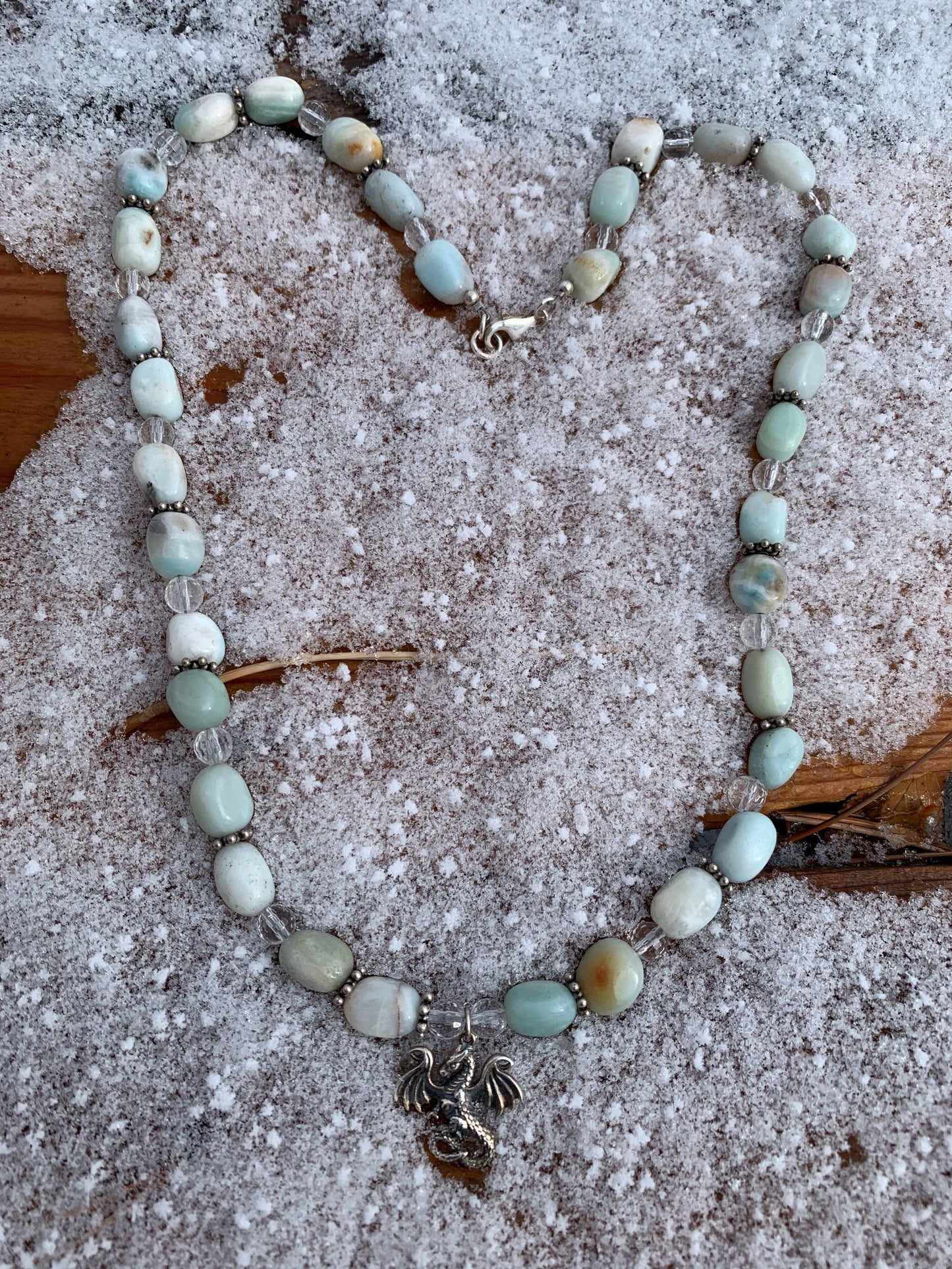 necklace "Frost Dragon" Sterling Dragon pendant, Amazonite, Quartz, Snowflakes, Gift idea, Gender Neutral, Reiki charged, Dragon jewelry