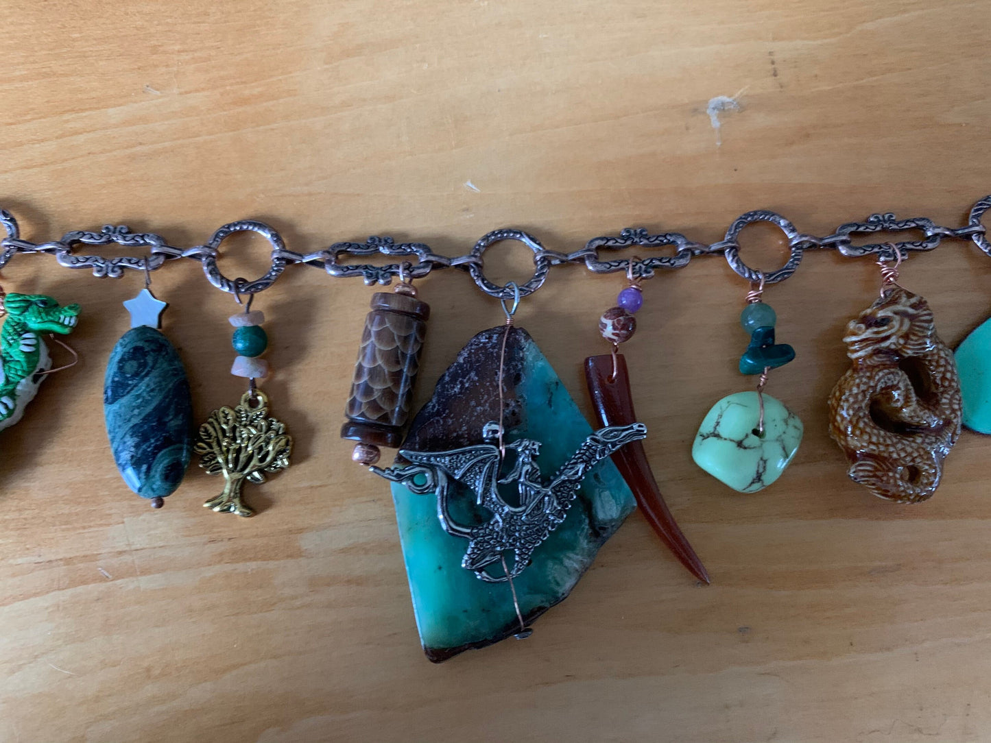 Necklace "Forest Dragon" Charm Necklace, Dragon necklace, Chrysoprase, Tree of Life, Moss agate, Up-cycled chain, Gift Idea, Gender Neutral