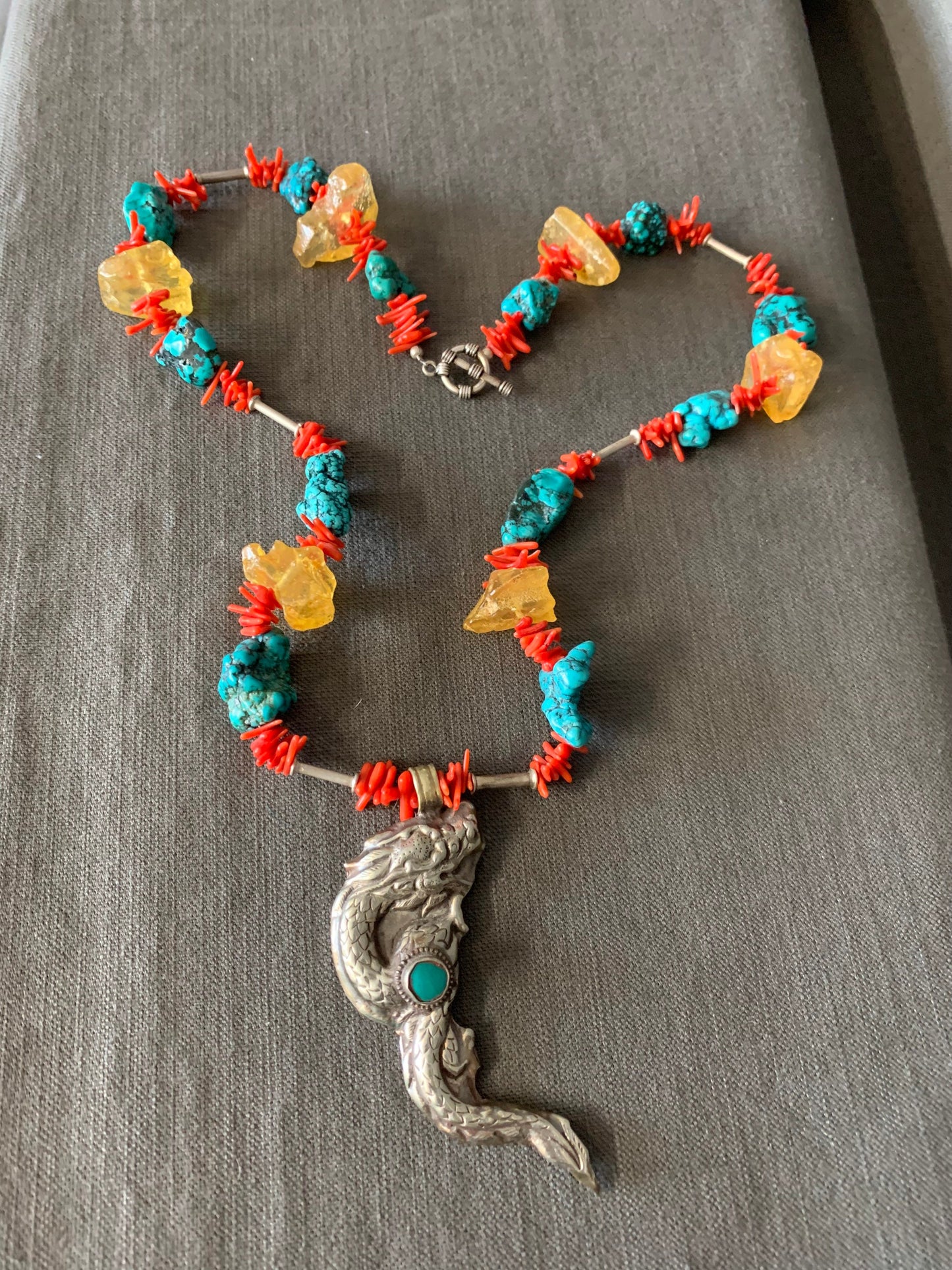 necklace "Primarily a Dragon" Dragon from Nepal, Turquoise, Amber, Statement piece, Gift idea, Coral, Reiki charged
