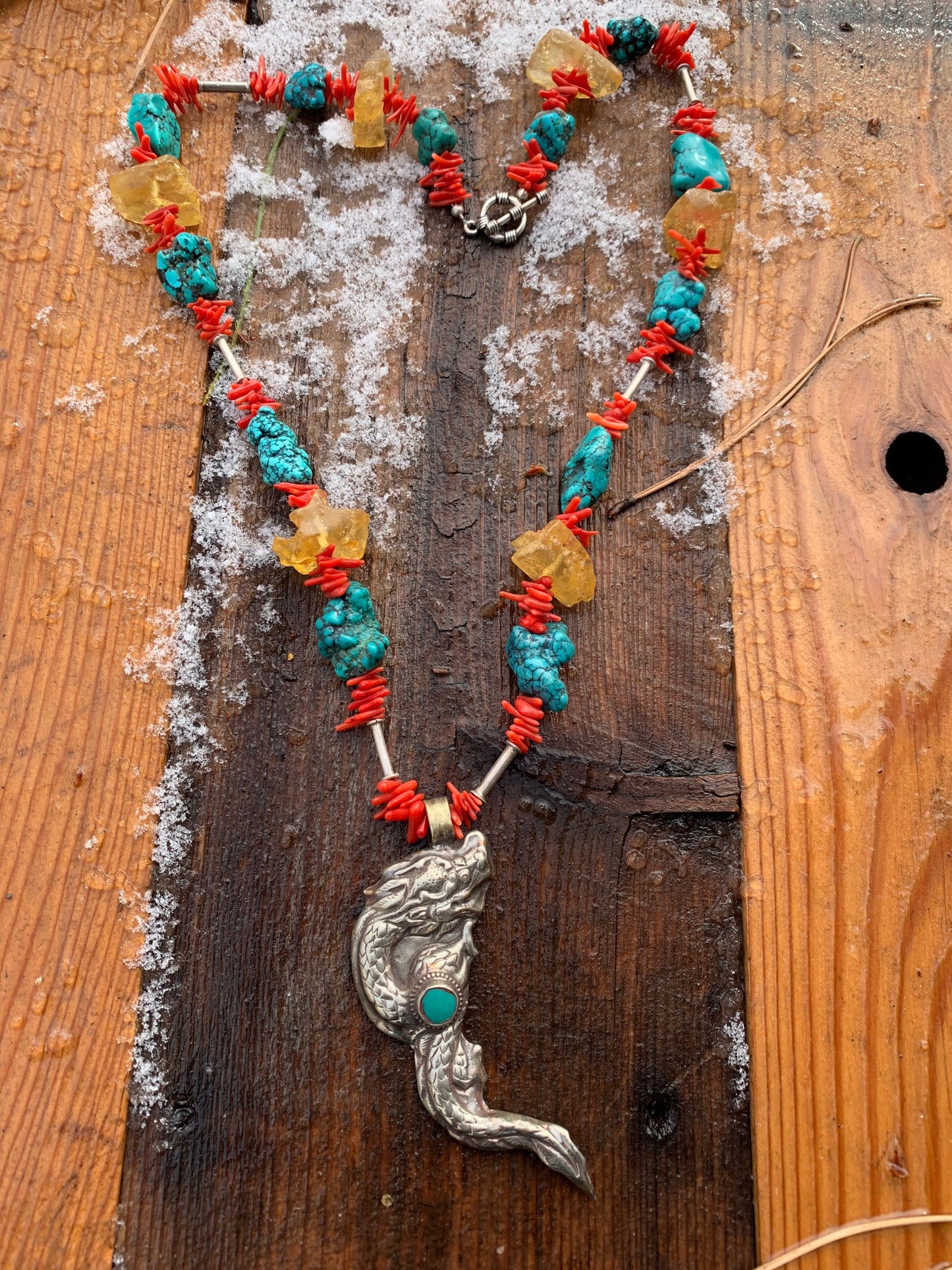 necklace "Primarily a Dragon" Dragon from Nepal, Turquoise, Amber, Statement piece, Gift idea, Coral, Reiki charged