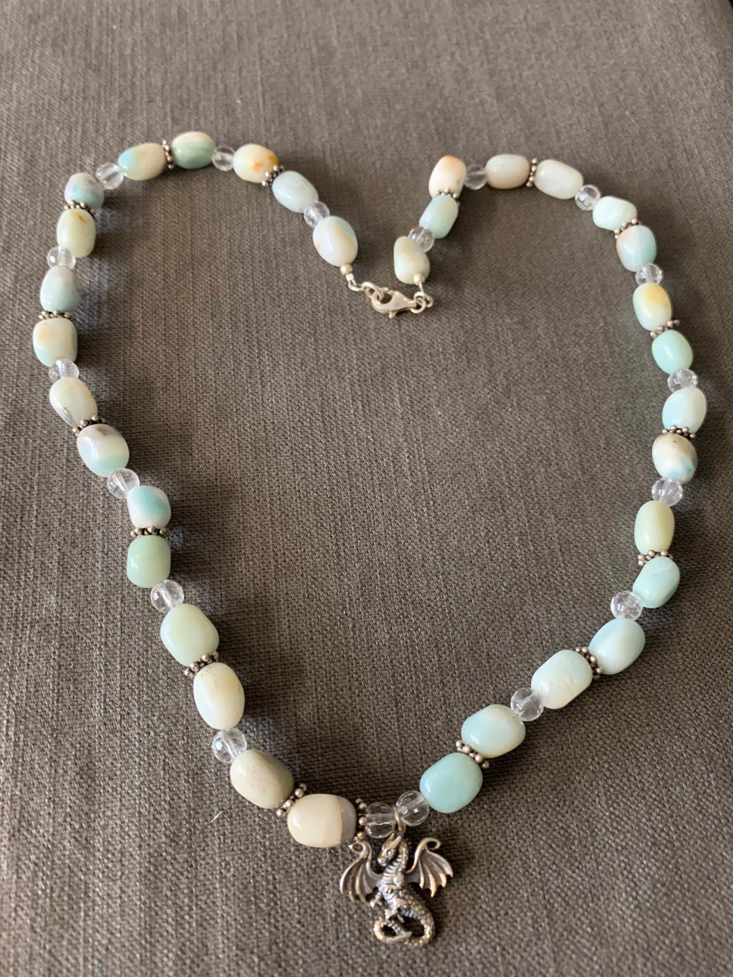 necklace "Frost Dragon" Sterling Dragon pendant, Amazonite, Quartz, Snowflakes, Gift idea, Gender Neutral, Reiki charged, Dragon jewelry