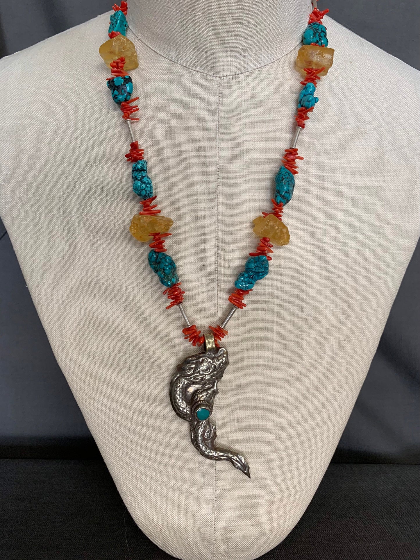 necklace "Primarily a Dragon" Dragon from Nepal, Turquoise, Amber, Statement piece, Gift idea, Coral, Reiki charged