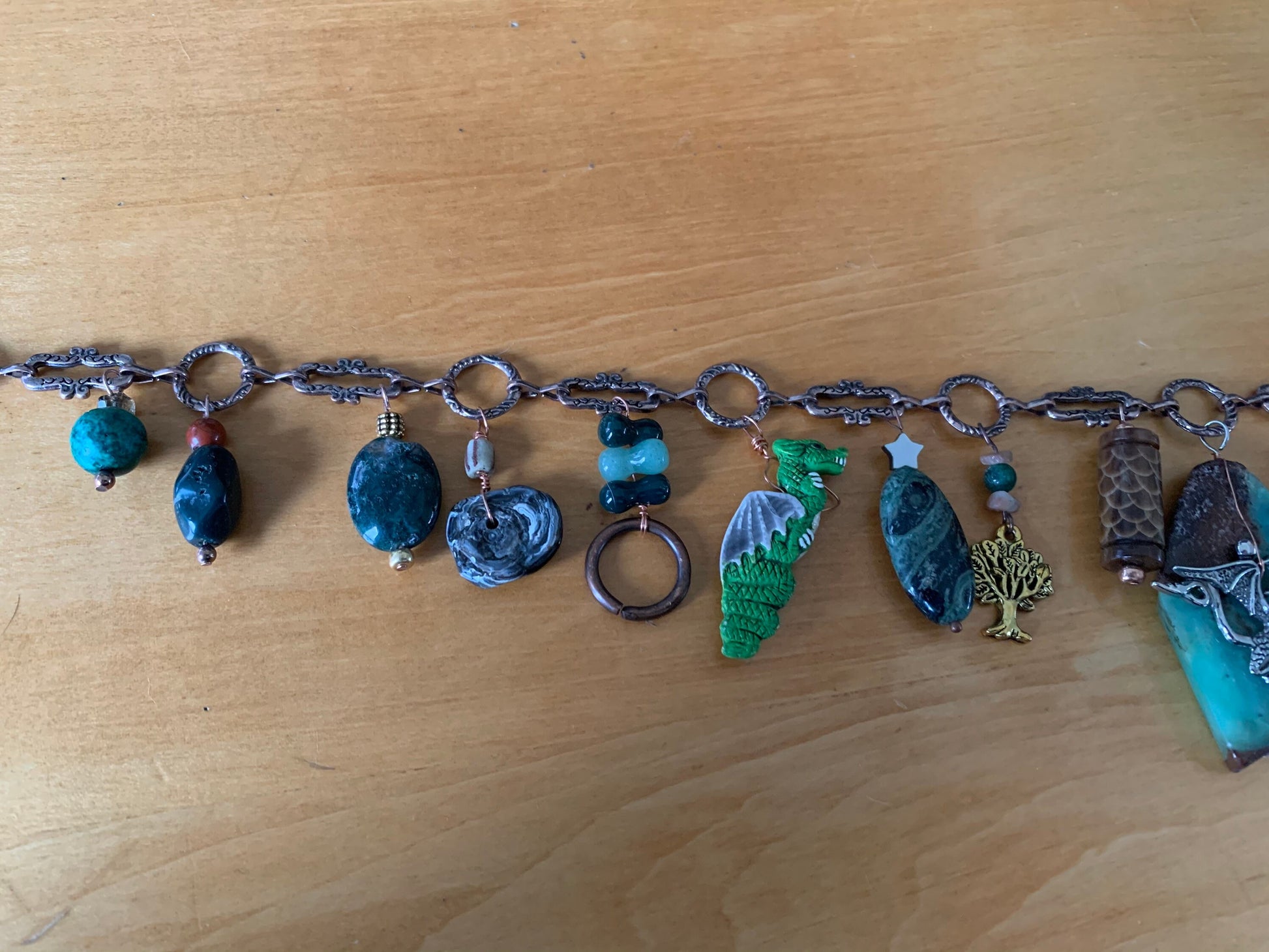 Necklace "Forest Dragon" Charm Necklace, Dragon necklace, Chrysoprase, Tree of Life, Moss agate, Up-cycled chain, Gift Idea, Gender Neutral