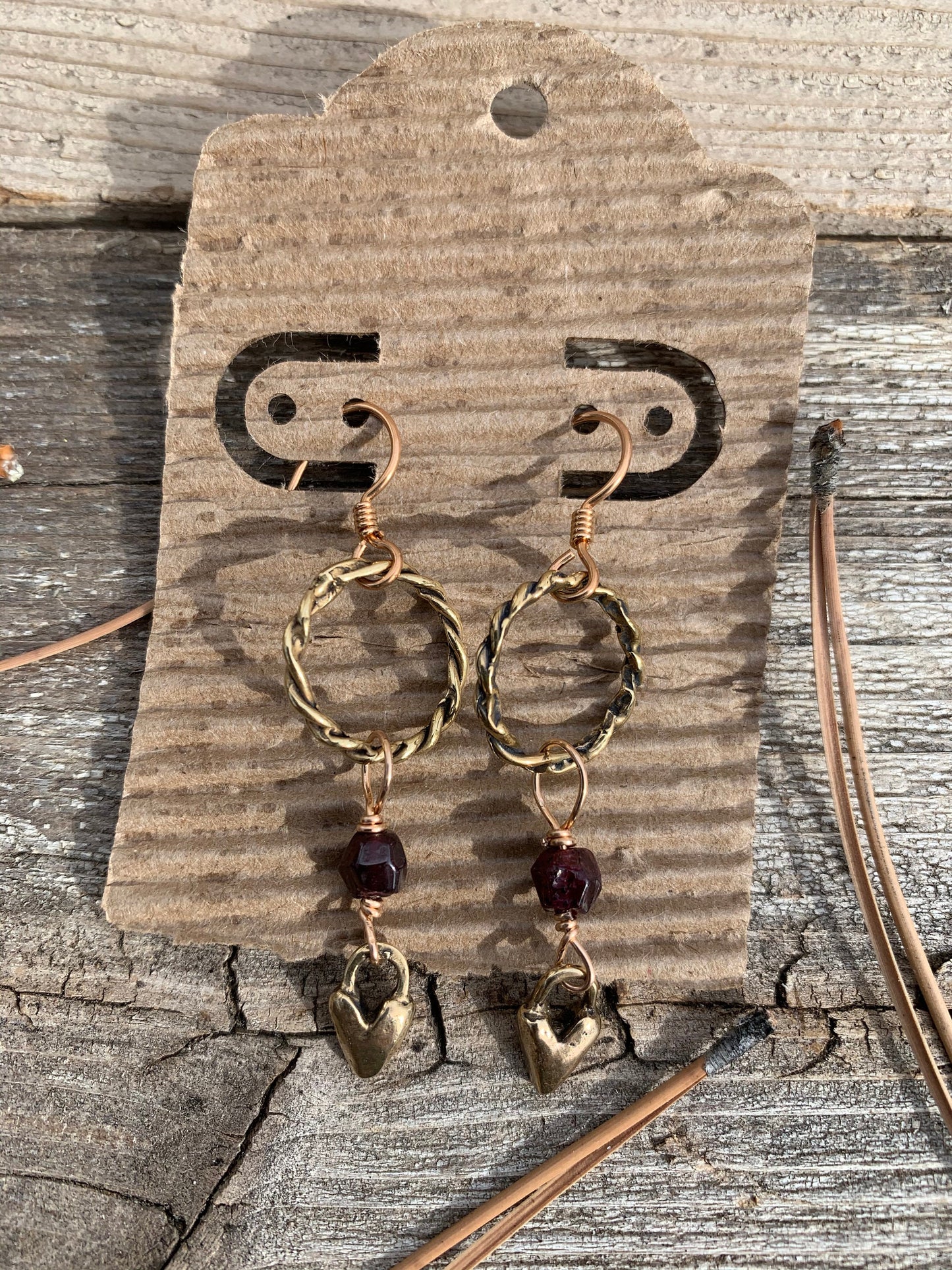 Earrings “Heart Drops” Hand cast Heart charms, Garnets, Bronze Twist links, Valentines Day gift, Zoom Earrings, Reiki charged, Gift idea