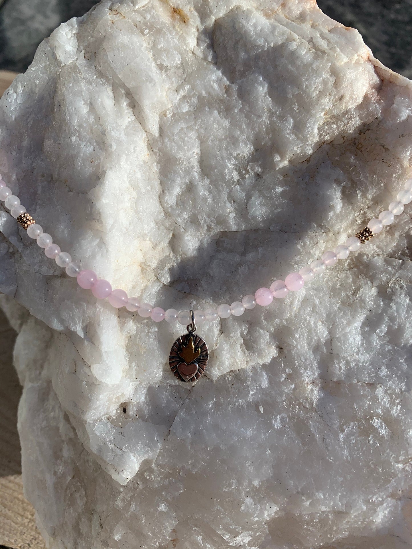 Necklace “Radiant Heart” Sterling & Bronze Flaming Heart, Rose Quartz, Valentines Day Gift, Gender Neutral, Sacred Heart, Reiki charged