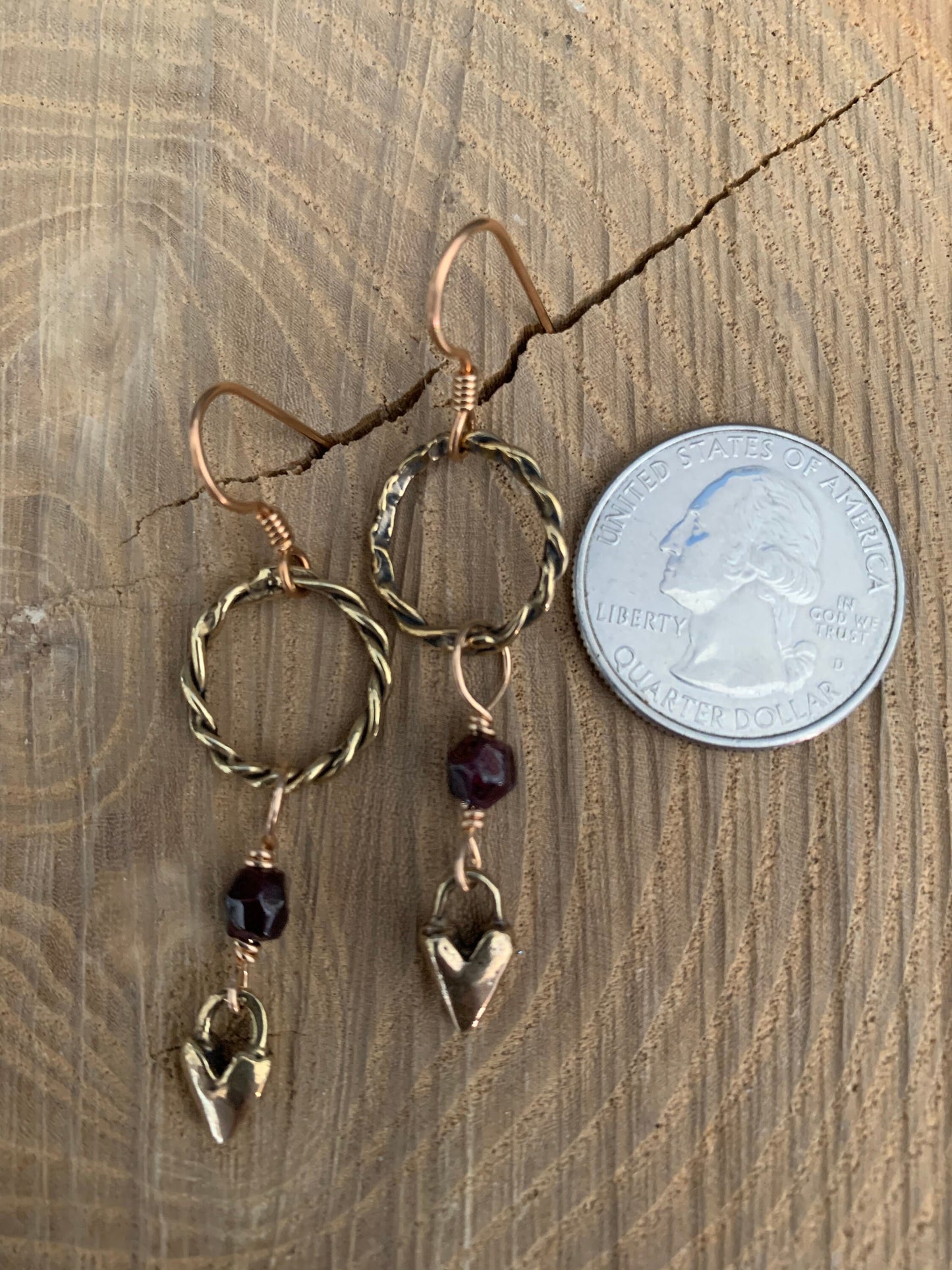 Earrings “Heart Drops” Hand cast Heart charms, Garnets, Bronze Twist links, Valentines Day gift, Zoom Earrings, Reiki charged, Gift idea