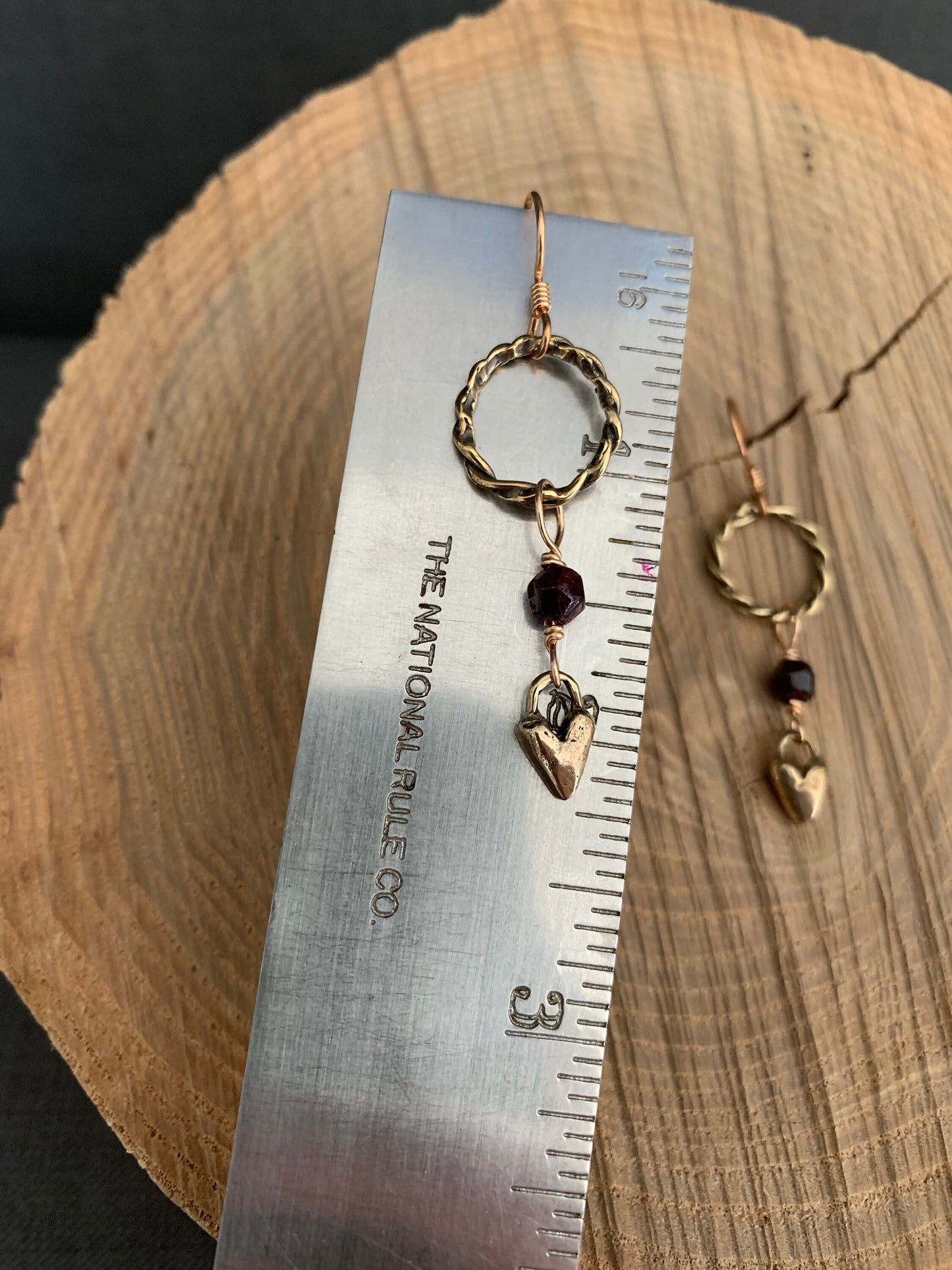 Earrings “Heart Drops” Hand cast Heart charms, Garnets, Bronze Twist links, Valentines Day gift, Zoom Earrings, Reiki charged, Gift idea