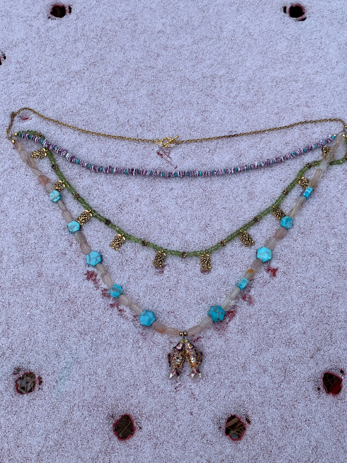 Multi-strand necklace "Koi Pond" Koi pendant, Brass Lotus charms, Peridot, Shells, Turquoise, Pisces, Gift idea, Statement piece, Reiki vibe
