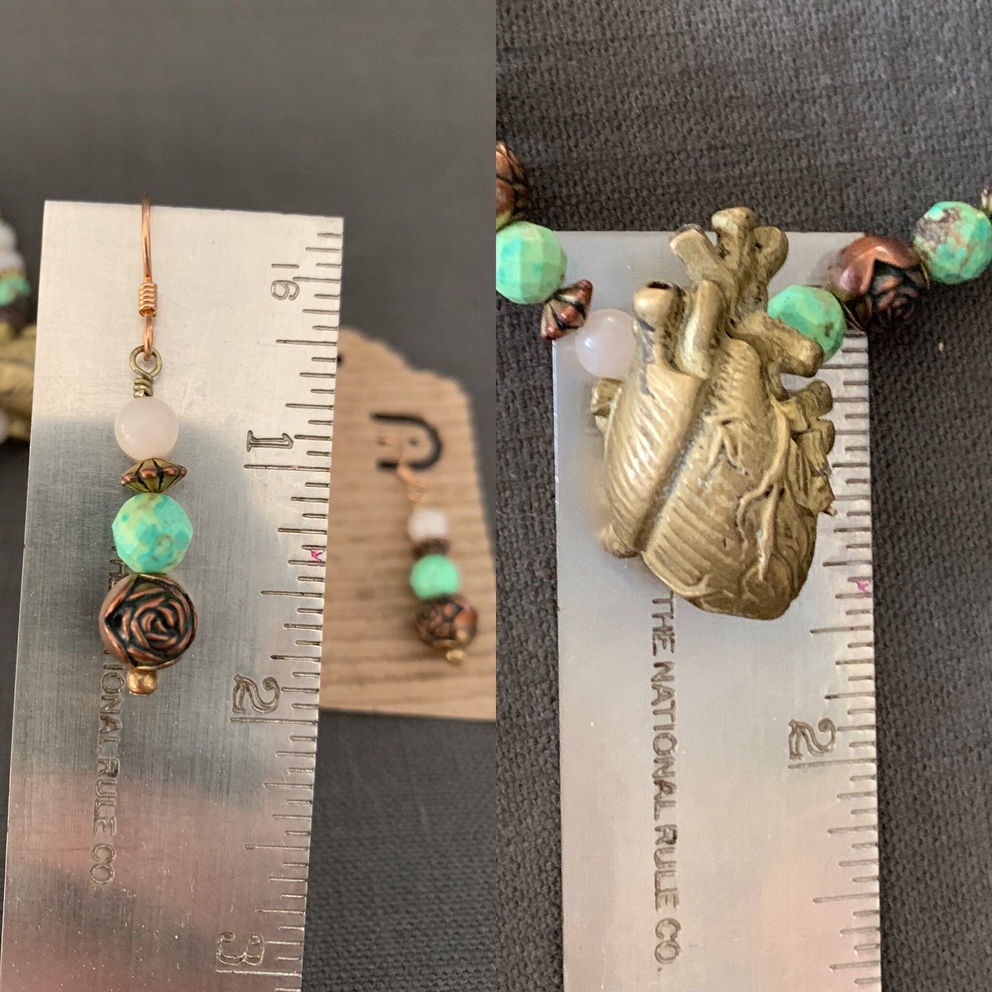 Heart locket set "Heart and Roses" Anatomical Brass Heart locket, Rose Quartz, Vintage Rose beads, Valentines Day gift, Drop Earrings