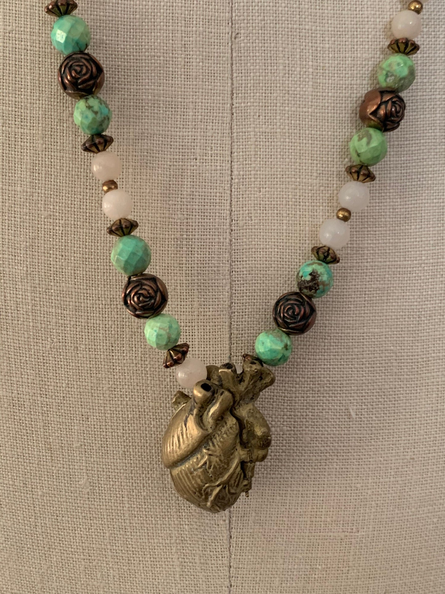 Heart locket set "Heart and Roses" Anatomical Brass Heart locket, Rose Quartz, Vintage Rose beads, Valentines Day gift, Drop Earrings