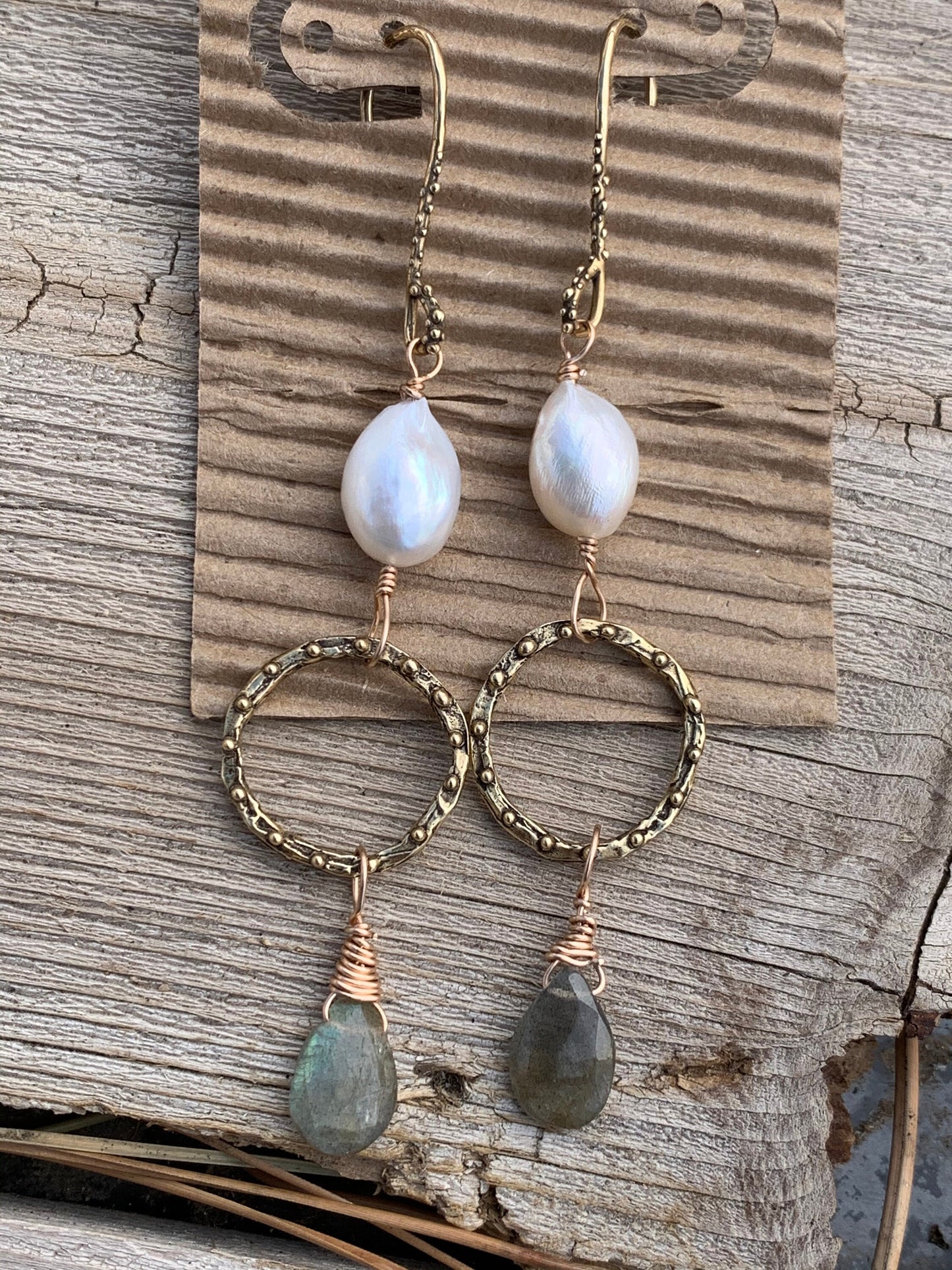 Earrings “Ethereal Drops” Hand Cast Bronze Links and Hooks, Freshwater Pearls, Labradorite, Statement Earrings, Zoom Jewelry, Reiki charged